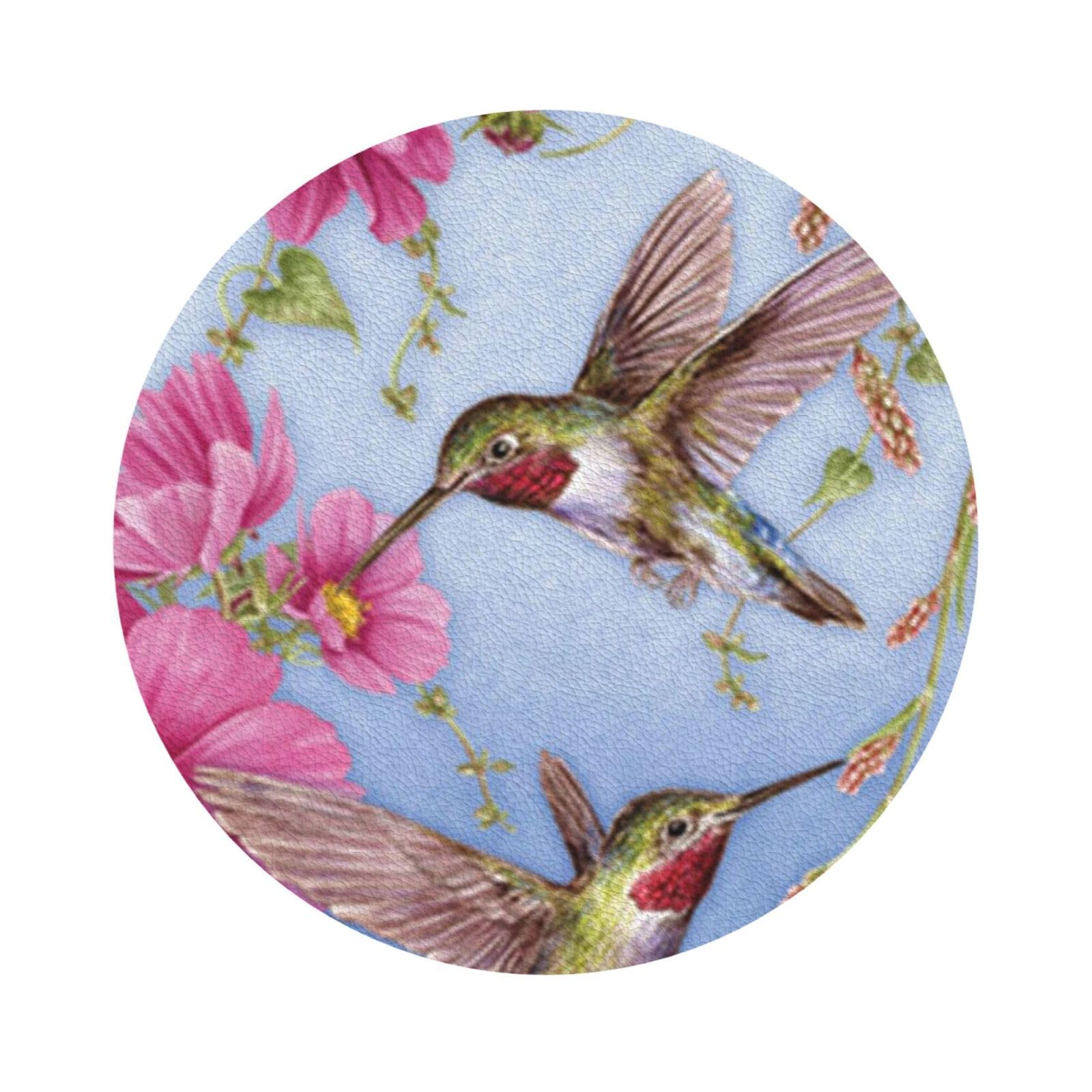 Humming birds With Pink PU Leather Coasters Set of 6 Round Drink Coasters