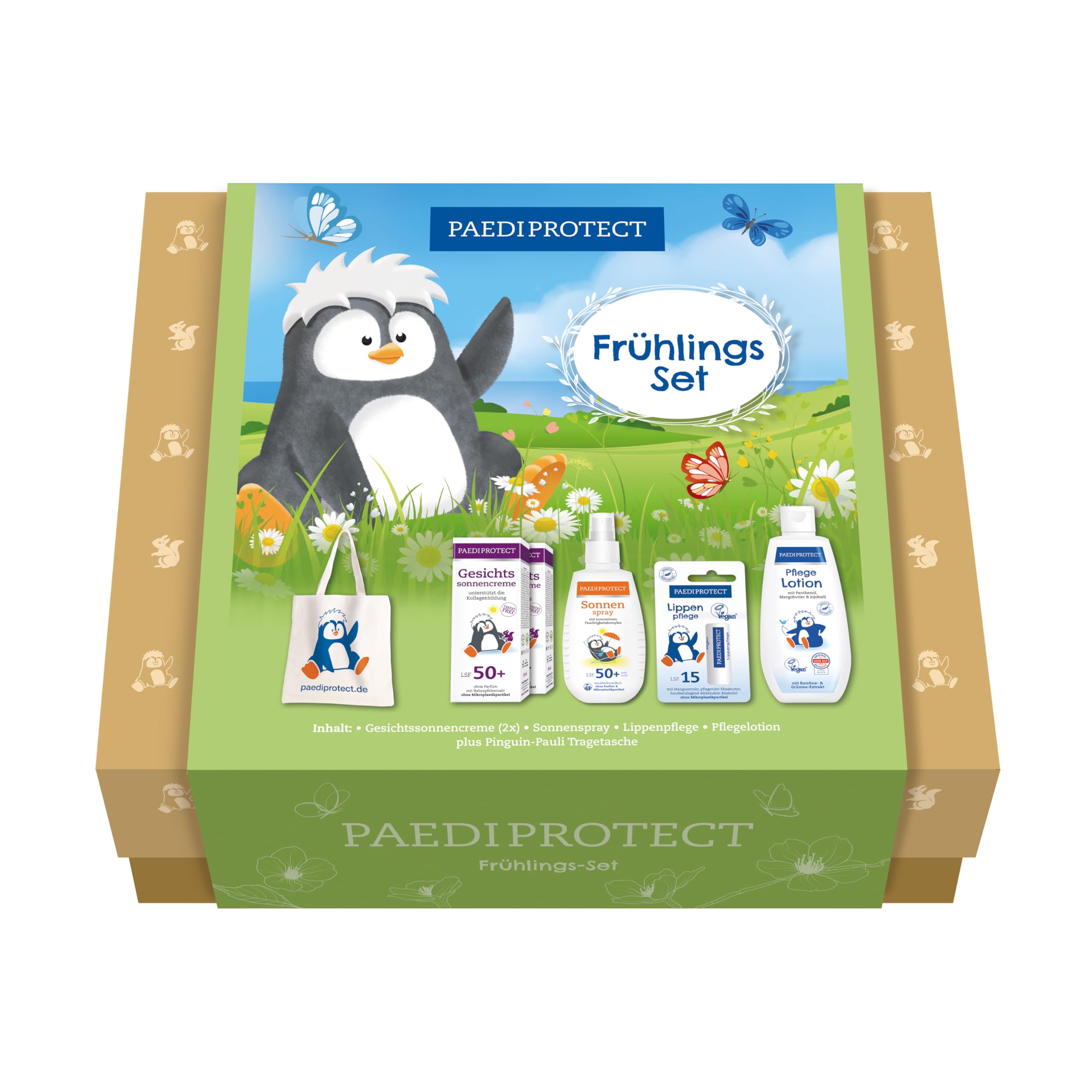 PAEDIPROTECT Frühlings-Set 5 Baby- & Kinder Sonnenschutz LSF 50+ & Hautpflege Produkte, inkl. 2x Gesichtssonnencreme, 1x Sonnenspray, 1x Pflegelotion & 1x Lippenpflege, veganes Pflegeset Geschenkset