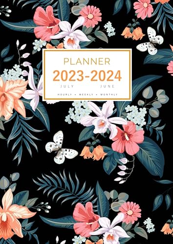 Planner July 2023-2024 June: A4 Large Notebook Organizer with Hourly Time Slots | Orchid with Tropical Flower Design Black      Tapa blanda – 8
