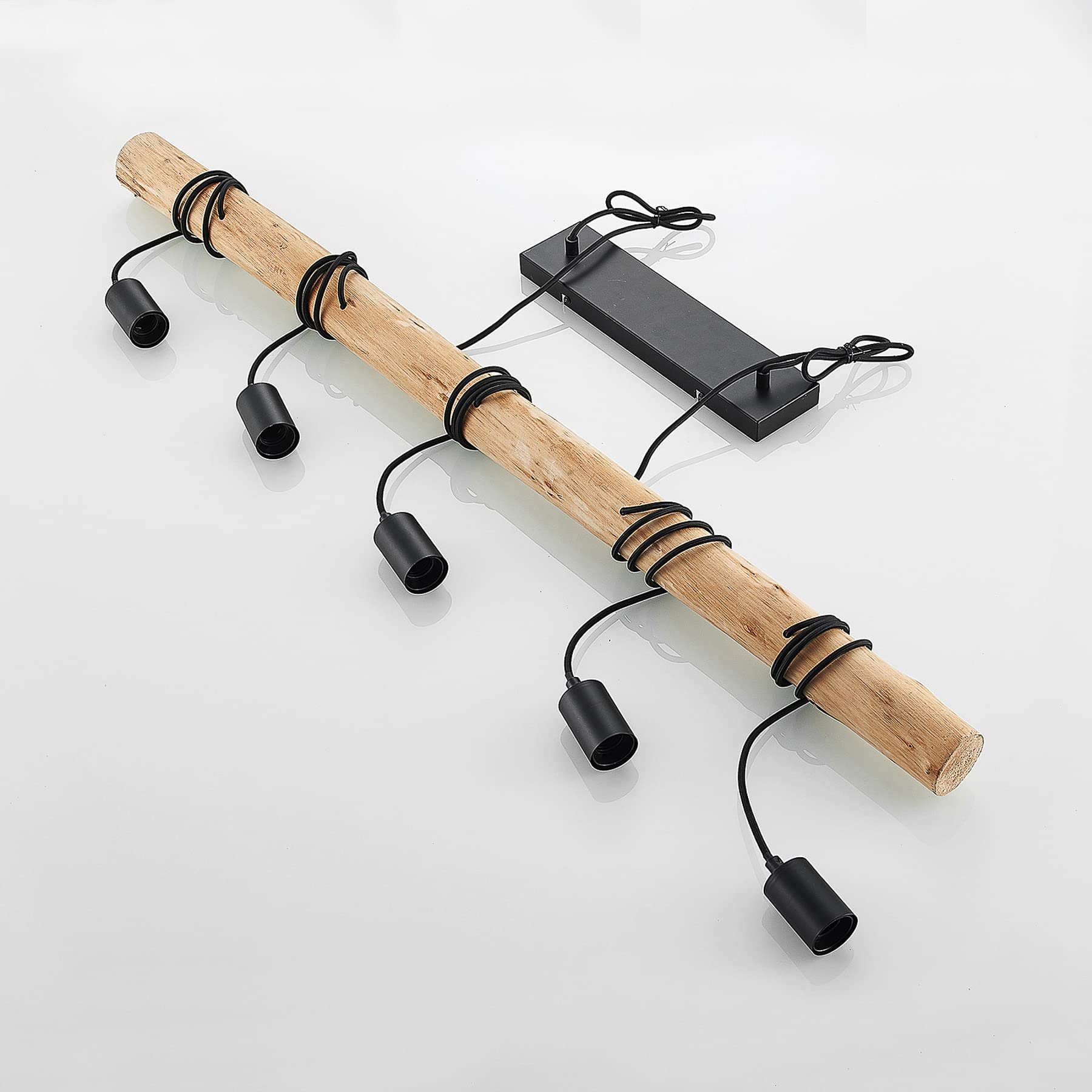 Lindby Esstisch Holz Pendelleuchte, Seillampe Hängelampe Metall Holzbalken Seil Esszimmer Lampe hängend Holzlampe 5x E27 max. 60W ohne Leuchtmittel