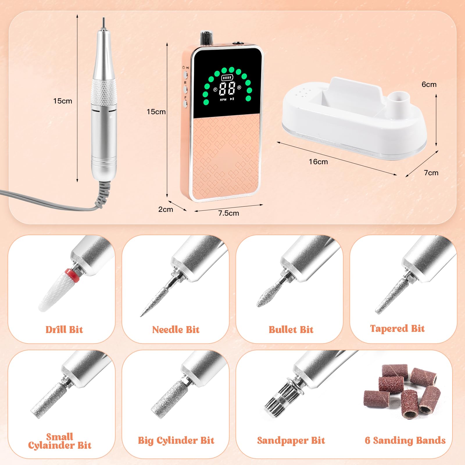 Ponceuse pour Ongles Professionnelle 50000 RPM Portable Rechargeable Avec Affichage LCD et 7 Embouts Ponçage pour Pédicure Manucure, Puissante, Silencieuse pour Salon/Maison