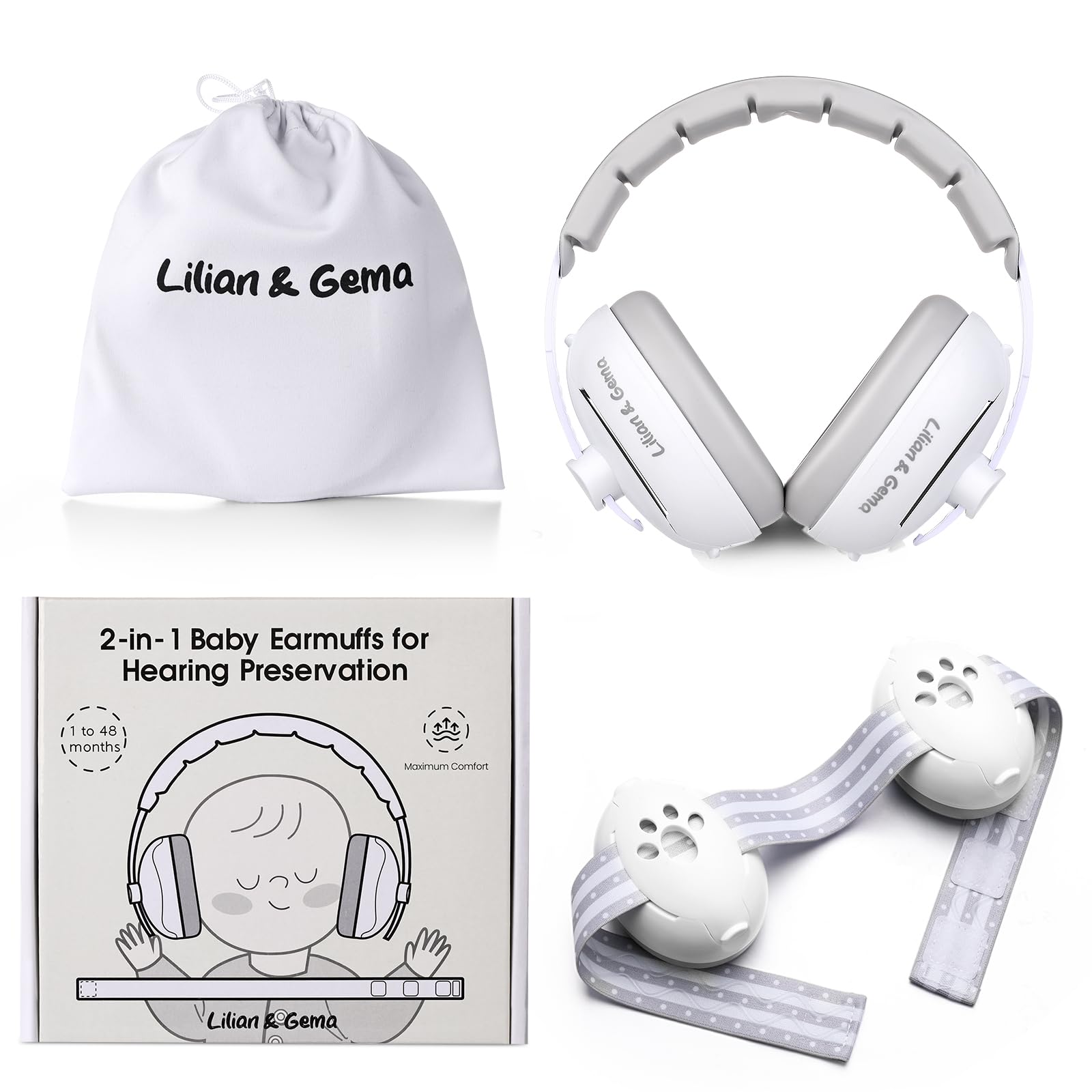 Lilian&Gema 2 in 1 Cuffie Neonato Antirumore -25dB,Protettori acustici per neonati, archetto regolabile, antiscivolo e antistress, protezione acustica ideale per neonati fino a 48 mesi
