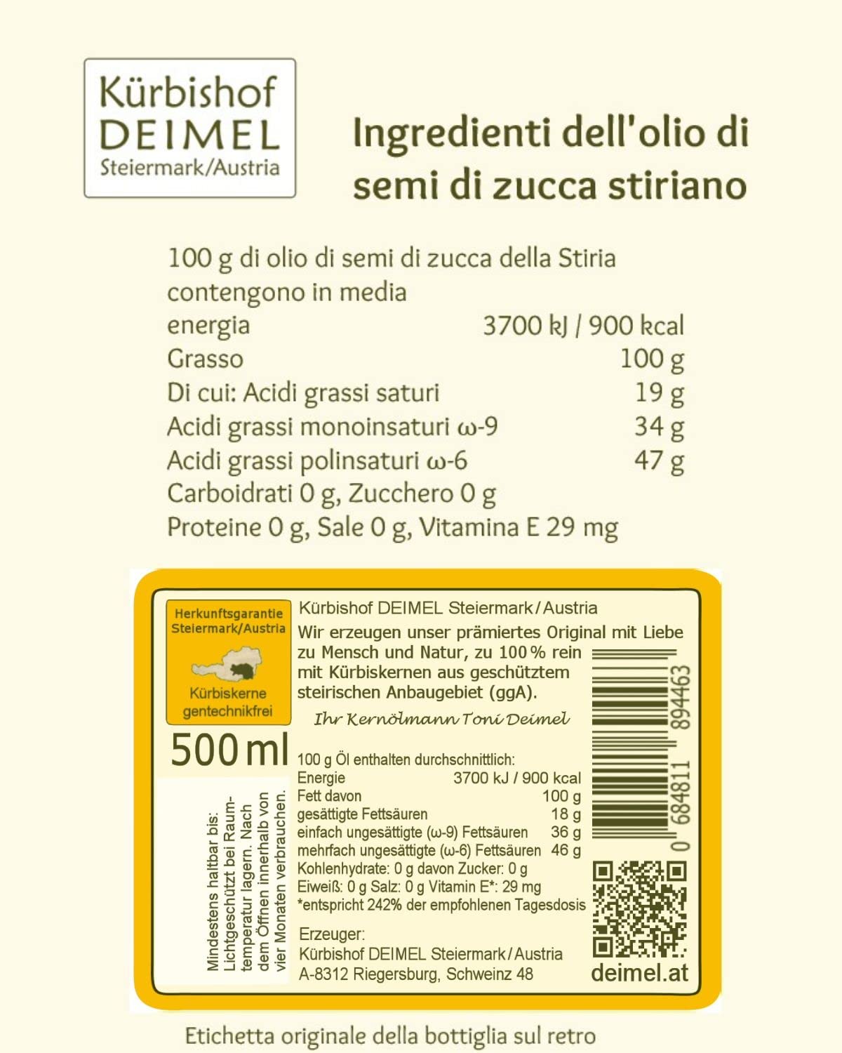 Kürbishof DEIMEL Steiermark/Austria - Olio di semi di zucca originale della Stiria in Austria - Lattina da 500 ml - Con garanzia di origine - Direttamente dal produttore
