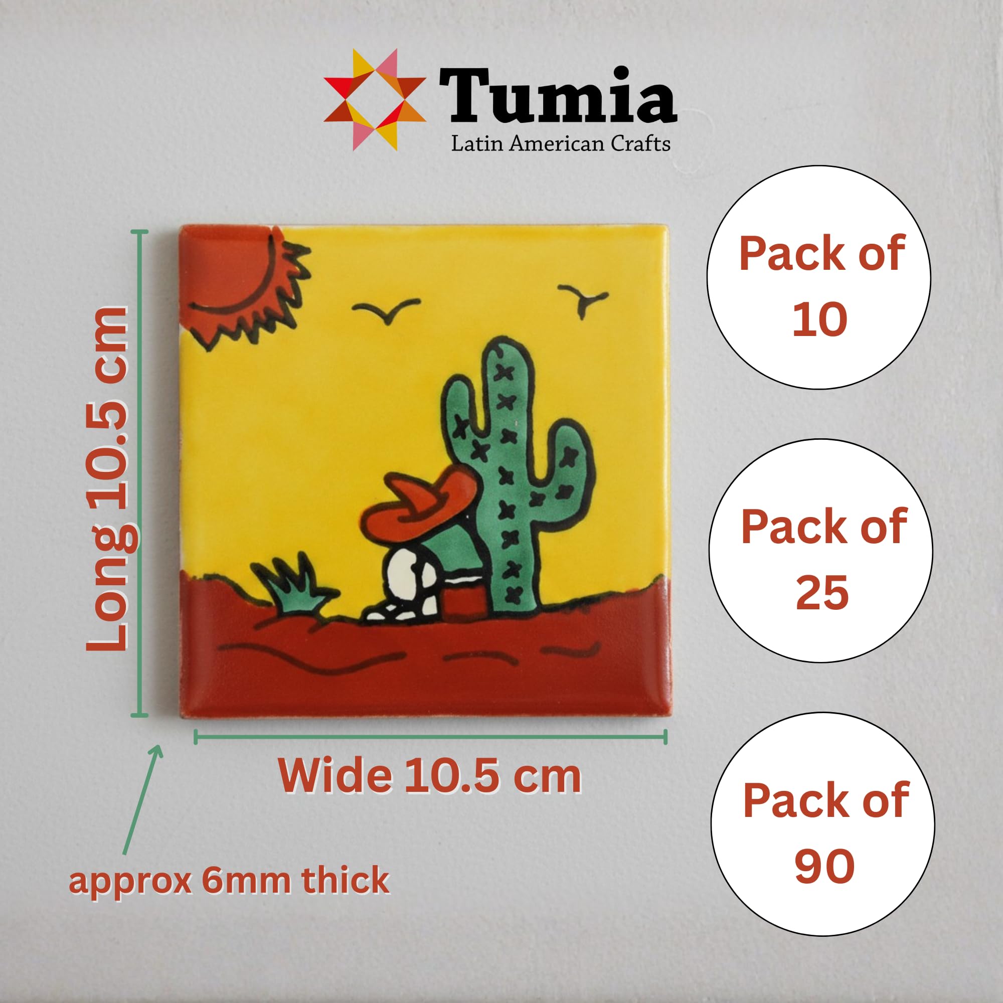 Carrelage en céramique mexicaine - 10,5 cm - fait à la main et éthiquement négocié par Tumia LAC – Lot de 10
