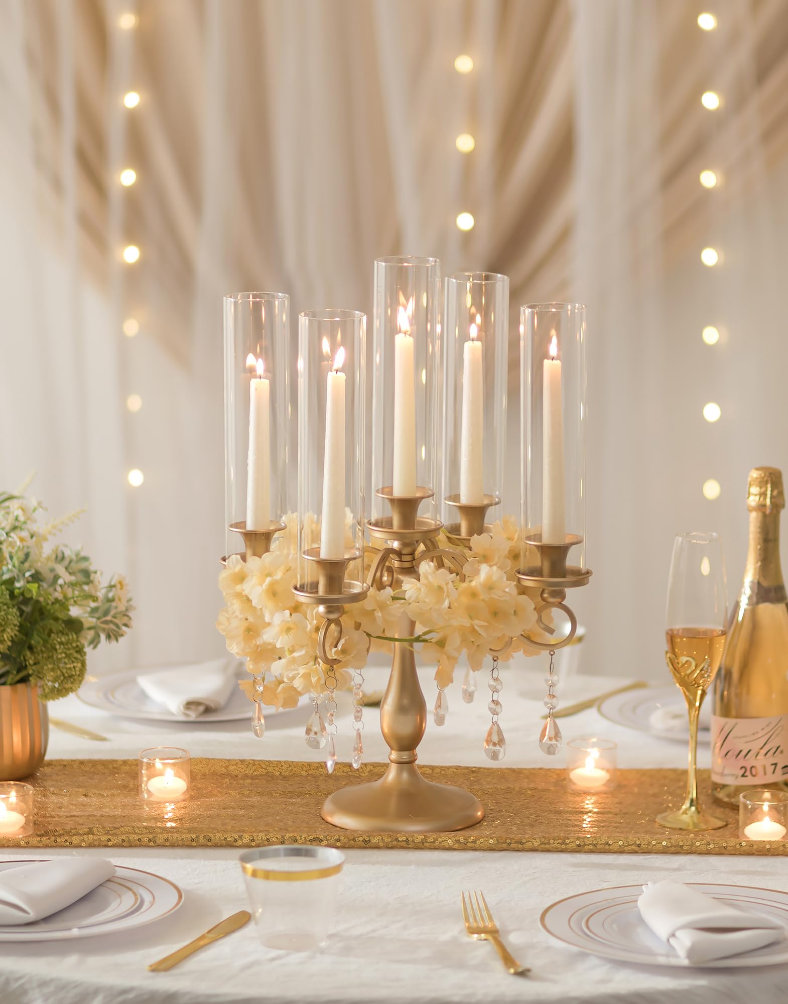Sziqiqi Bougeoirs Candélabres Chandelier Or: Chandelier 5 Branches pour Centre de Table de Mariage - Candélabres Vintage avec Verre en Forme D'ouragan pour Dîner en Plein air Fête de Noël Anniversaire