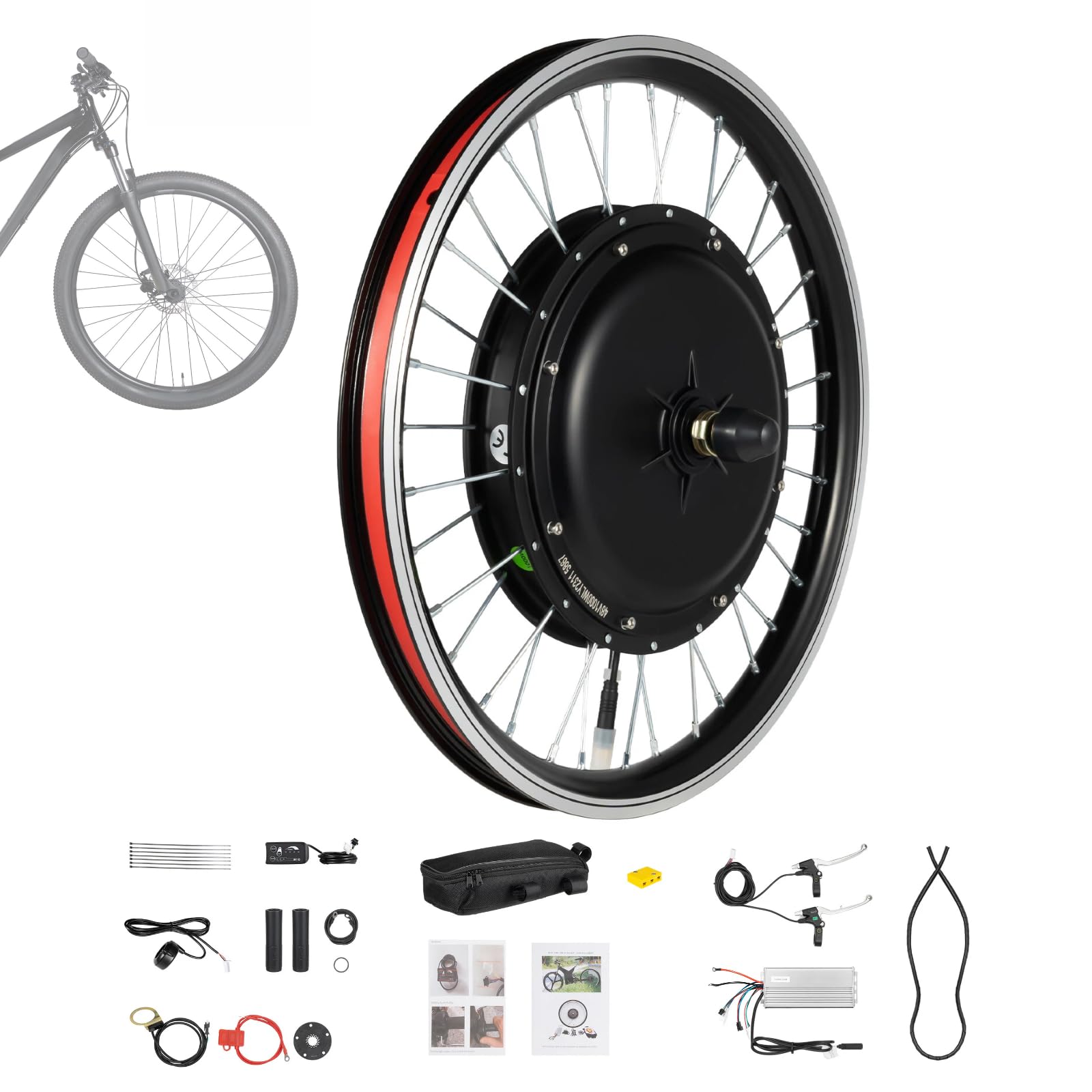 kit di conversione per ruota anteriore da 20", 1000 W, per bicicletta elettrica, con motore anteriore, display LED e acceleratore al pollice, incluso assistente alla pedalata, maniglione