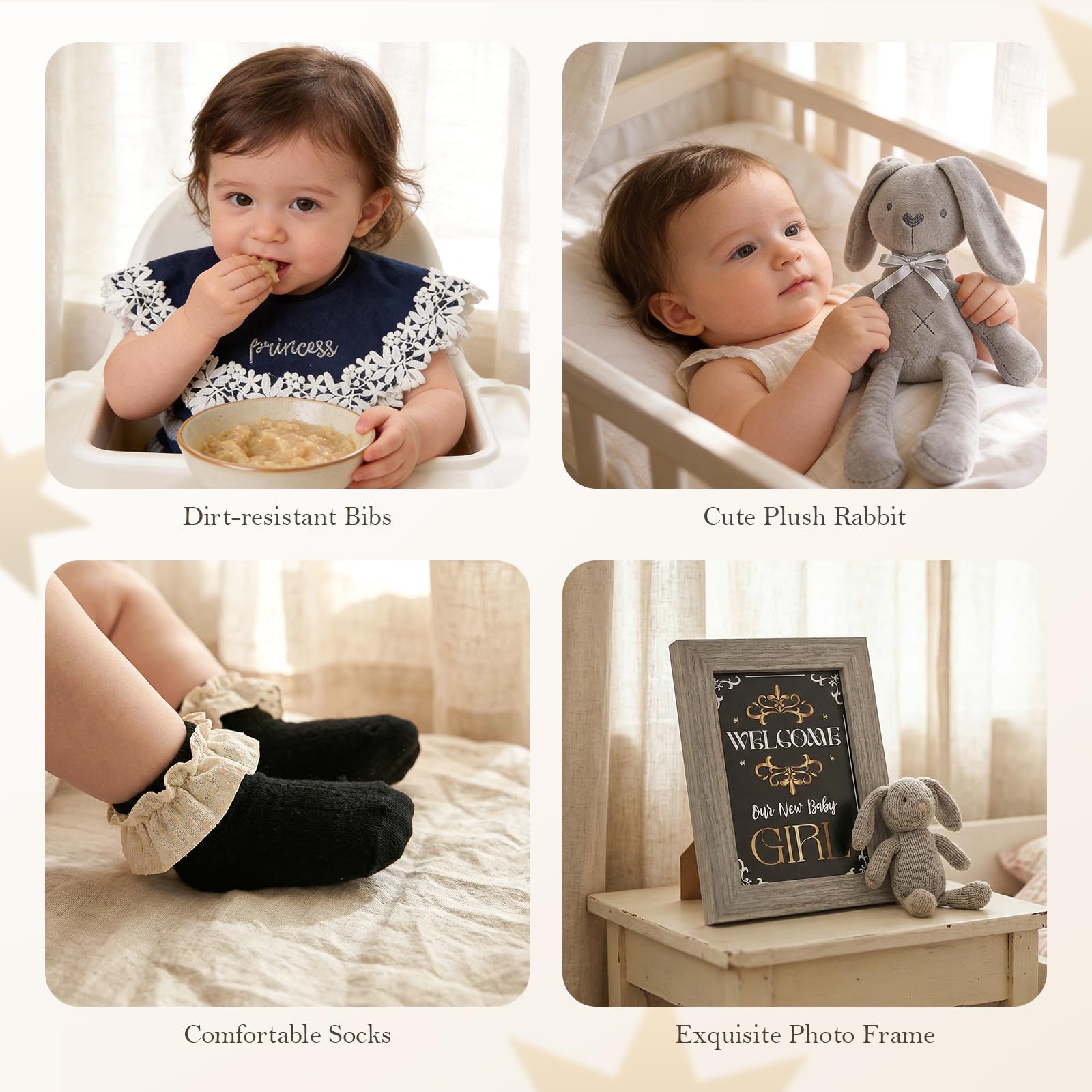 vamei Regalo Bebe Recien Nacido Niña con Body Manta Muselina Peluche Conejo Tarjetas Visual Calcetines Babero y Marco Foto, Idea Regalo Baby Shower