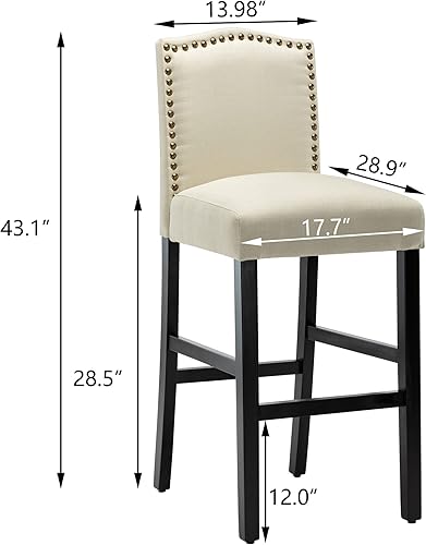 Miniatura 3 de LSSPAID Juego de 2 taburetes de bar, sillas de bar de isla de cocina de 28.5 pulgadas, taburete de bar de tela con cabeza de clavo, taburetes de bar
