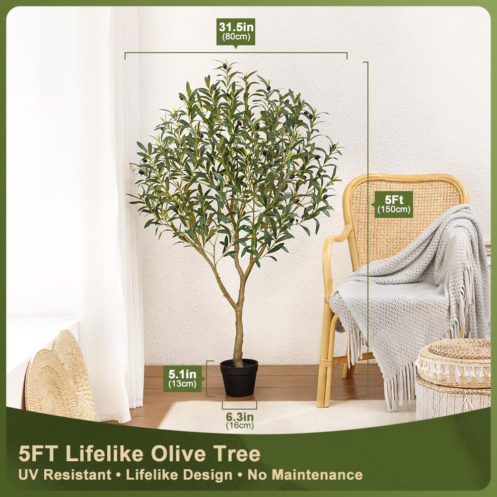 VeriNatural Olivenbaum Künstlich 150 cm Künstliche Pflanzen Groß – 40 Früchte & 856 Seide Blätter wie Echt mit Topf, UV-beständig Verstellbare – Kunstpflanze für Wohnzimmer Büro Balkon Deko, VN126 | Künstliche Pflanzen Groß mit 40 Früchte & 856 Seide Blät