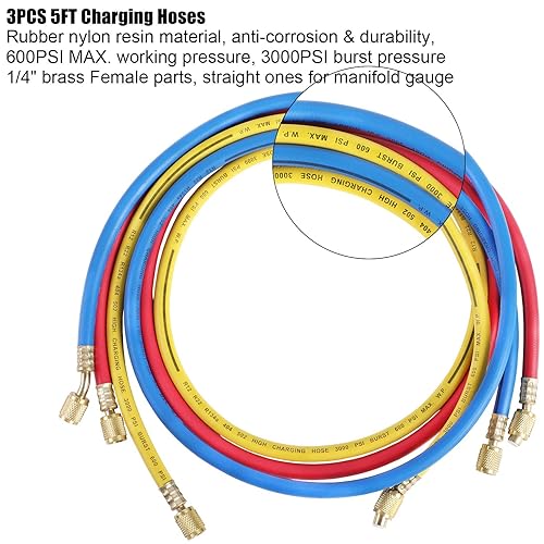 Miniatura 5 de YSTOOL Juego de carga de refrigerante de 3 vías de colector de CA para aire acondicionado HVAC R134a R404a Freón con manguera de 5 pies R134a