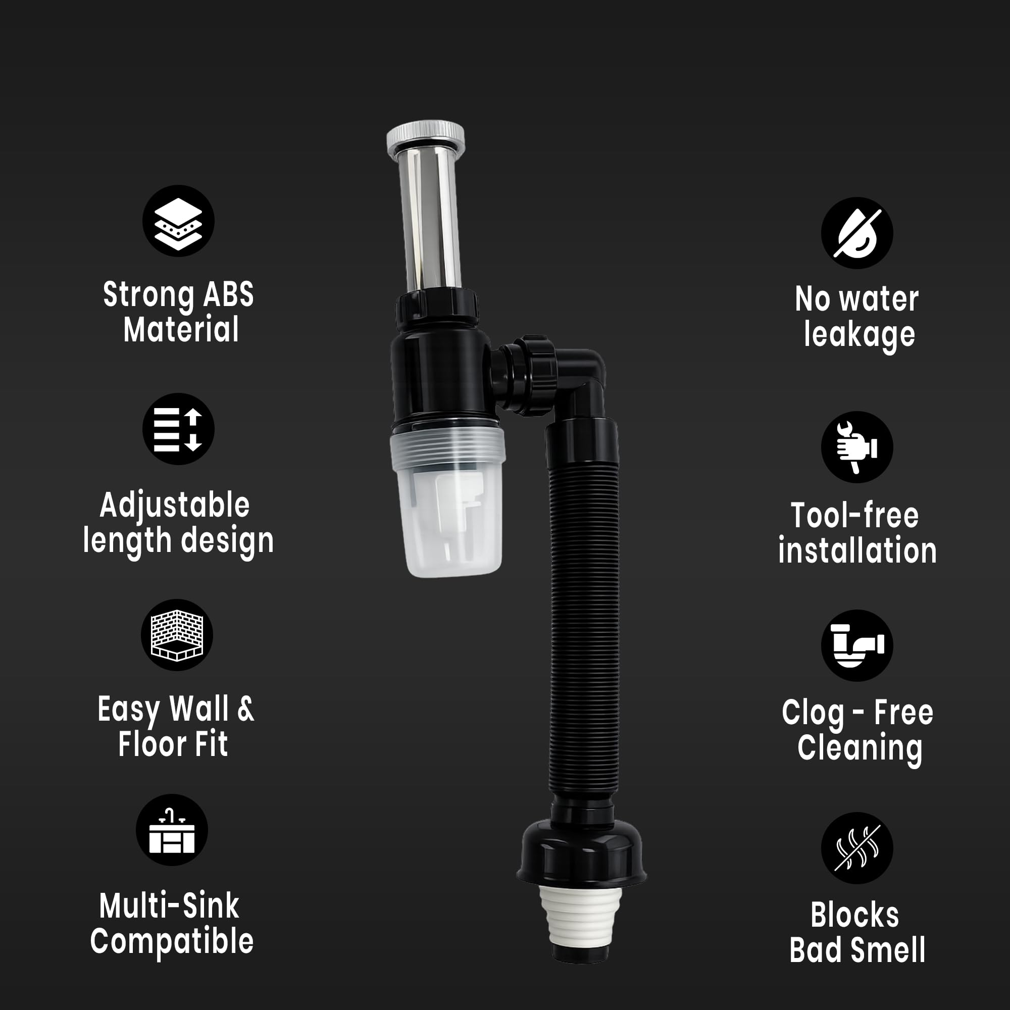 New Ware PVC Bottle Trap With Waste Outlet Pipe for Kitchen Sink-Wash Basin-Transparent Bottle Trap for easy Cleaning-Flexible 9"inch PVC Pipe with Extend length of 25"Inch-Odor-Less rubber-Down Comer 2