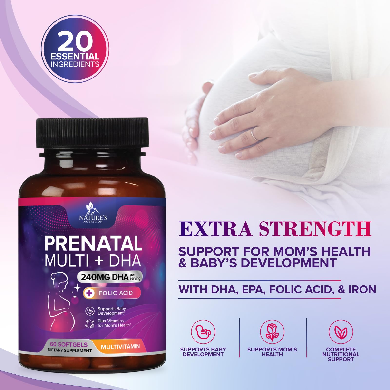 Prenatal Vitamins for Women with Folic Acid + Omega 3 DHA for Fetal Brain Development, Best Prenatal Vitamin Supplement, Daily Pregnancy Multivitamin Nutritional Support, Bottled USA - 60 Softgels — Amazon image 6