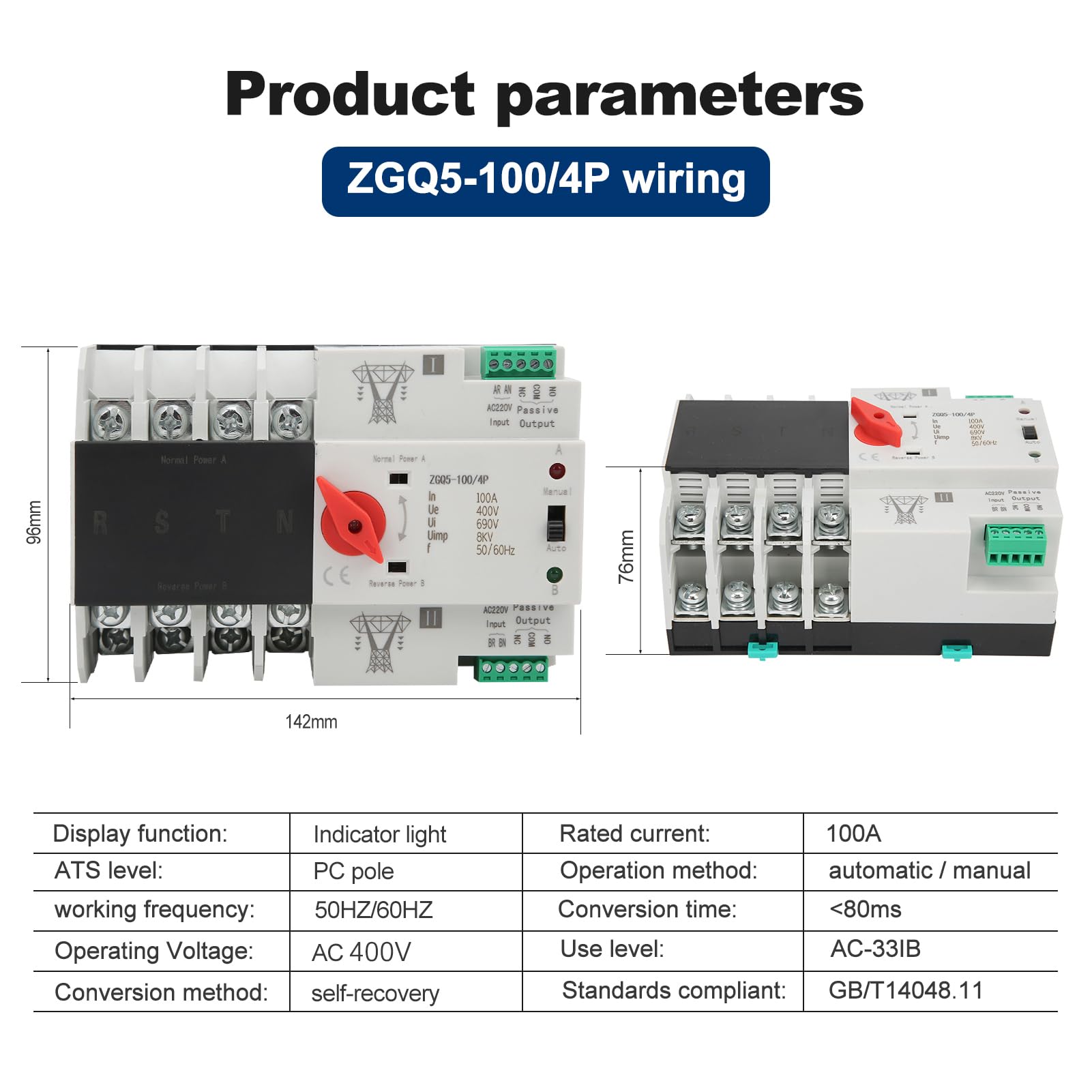 Jadeshay Interruptor de Transferencia Automática,100A ATS PC Interruptor Cambio de Disyuntor de Interruptores de Alimentación Doble para Energía,Electricidad Municipal, Generador (ZGQ5-100/4P 400V)