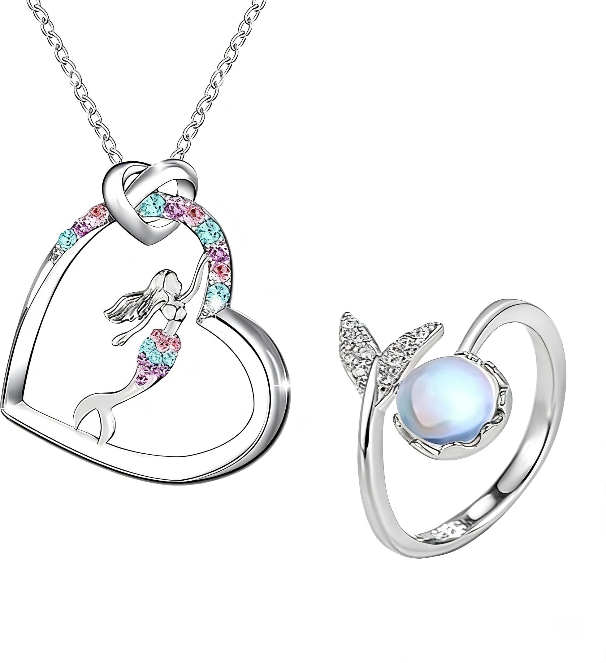 Collana Sirena con Anello a Forma di Coda e Scatola Regalo Rosa per Bambina