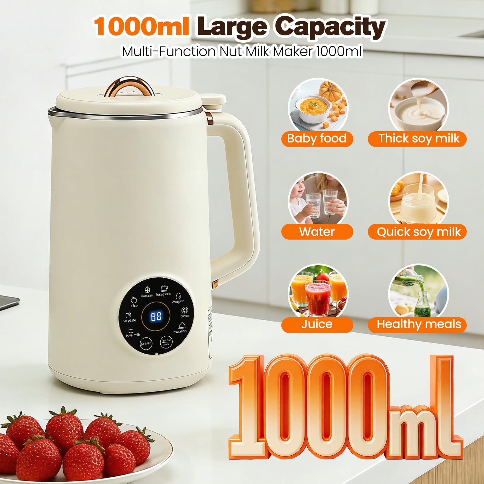 Máquina de Leche Vegetal 8 en 1, 1200 ml Máquina para Hacer Leche de Nueces y Soja con Mantenimiento Caliente y Autolimpieza, Máquina para Leche de Avena para Leche de Almendra/Avena Hecho en Casa