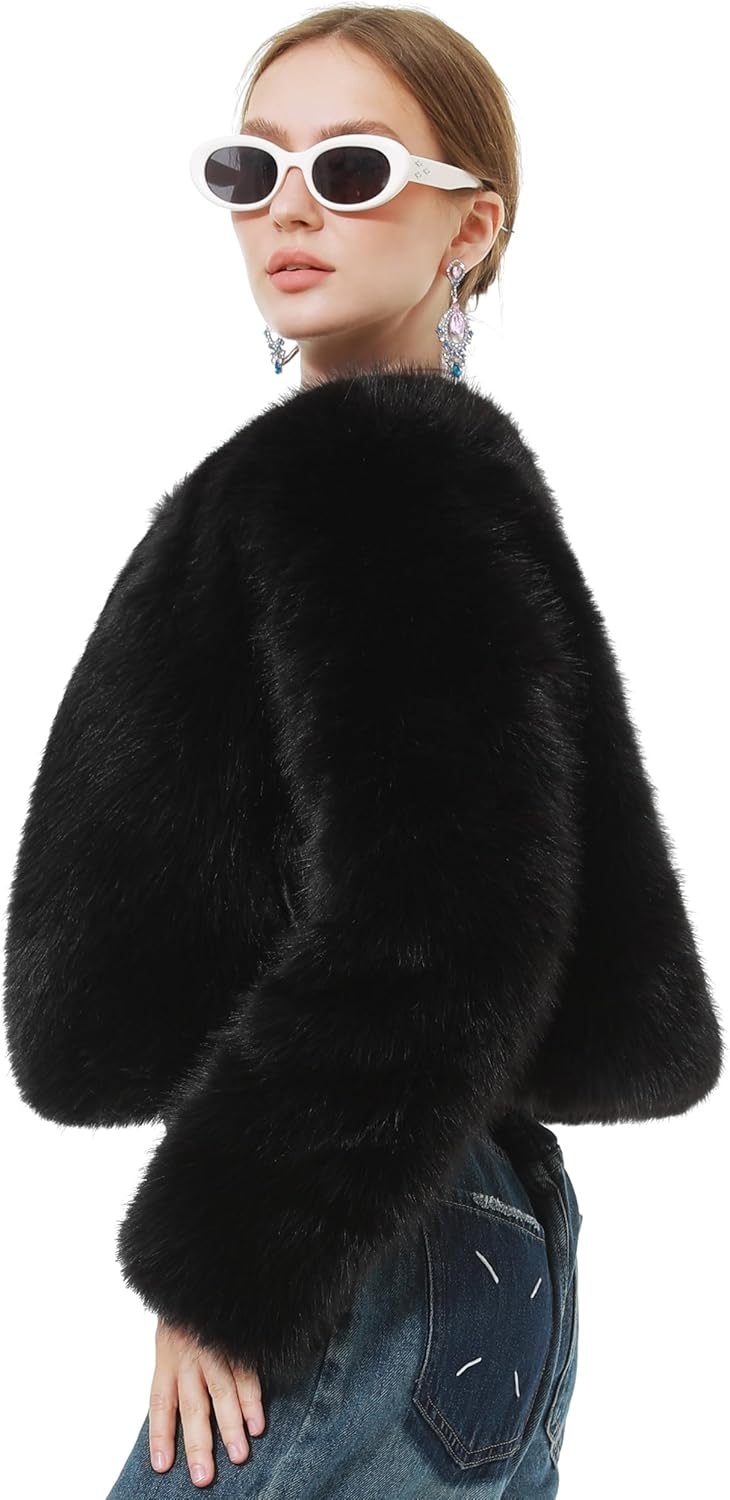 LA CARRIE Women's Faux Fur Winter Cropped Fluffy Jacket Long Sleeve Open Front Cardigan Shaggy Warm Fall Winter Outerwear - Image 2