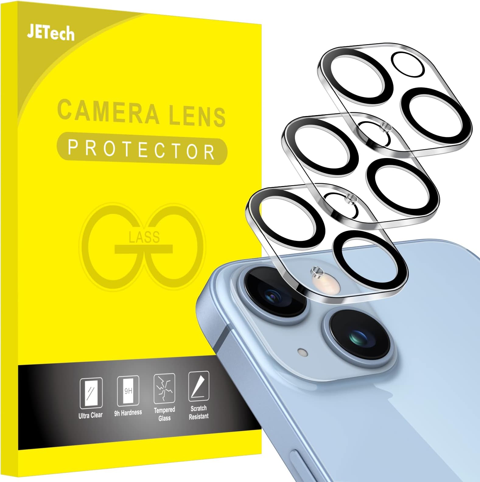 JETech Camera Lens Protector for iPhone 14 6.1-Inch and iPhone 14 Plus 6.7-Inch, 9H Tempered Glass, Anti-Scratch, Case Friendly, Does Not Affect Night Shots, HD Clear, 3-Pack