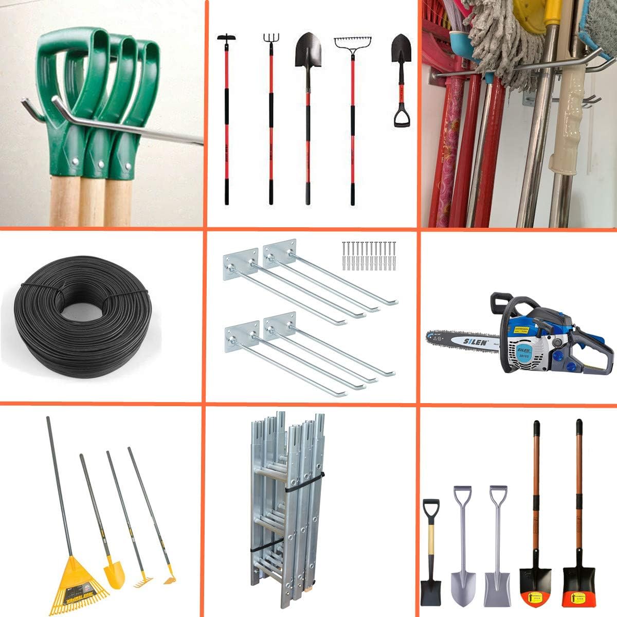 Wall Mounted Steel Long Handled Tools Storage Hooks, 12 Inch Steel Garage Utility Double Rack Organizing Ladders, Rakes, Hose, shovel, Brooms, Max Capacity 55Lbs (Pack of 4)