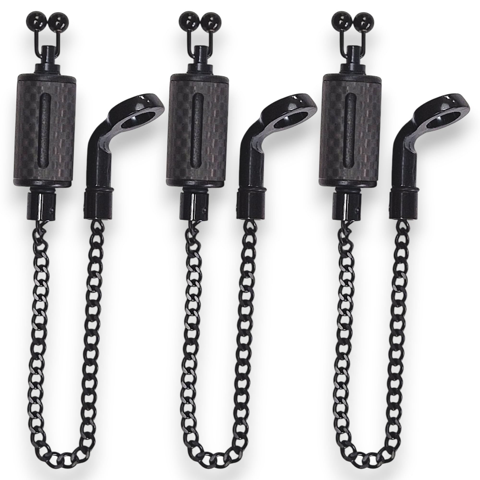 TJR Tackle 3 Black Ultimate Carbon Fibre Bite Indicators bobbins with 14cm Chain, Black stainless steel ball line clips (Black)