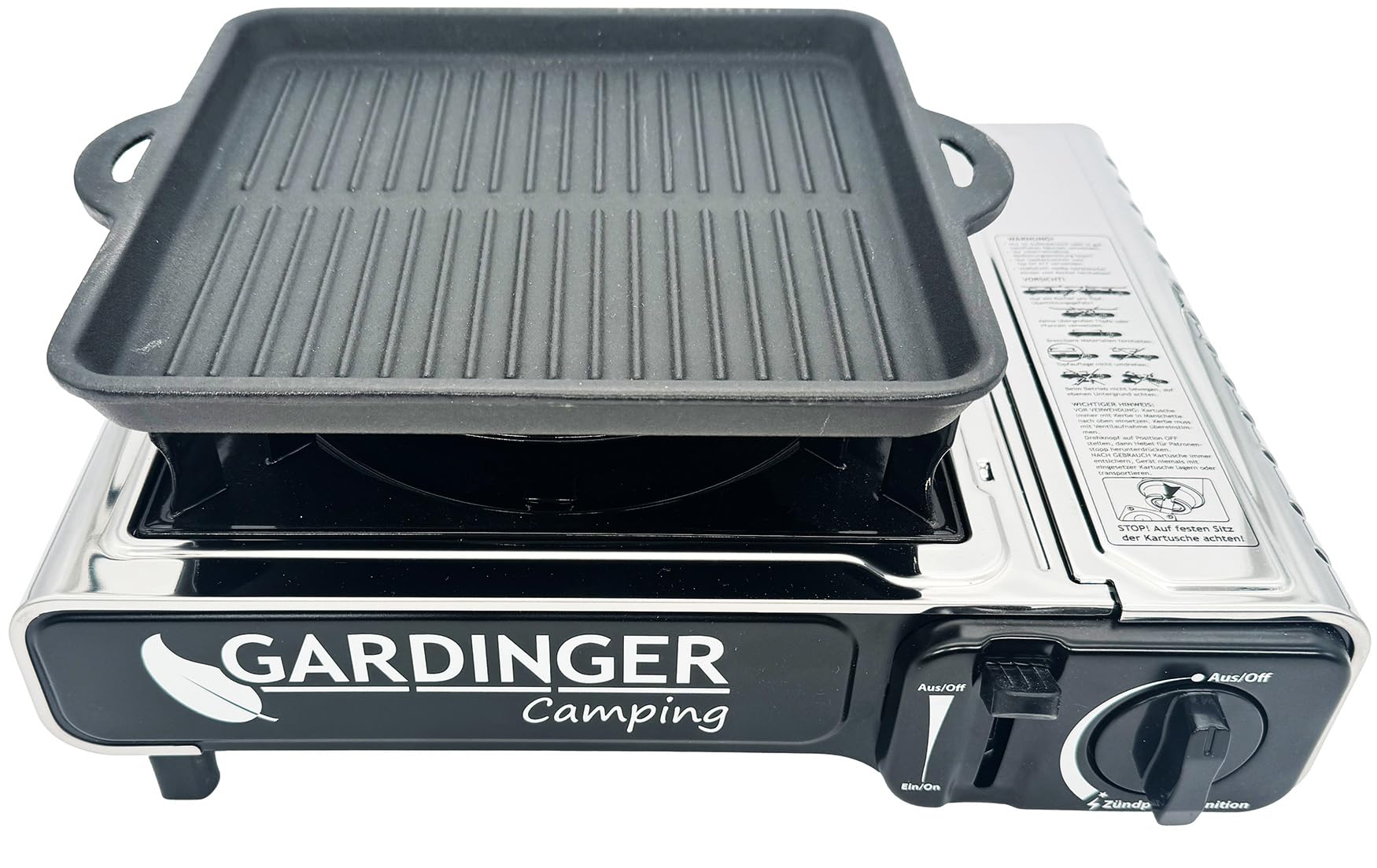 GARDINGER Campingkocher Safety Camp Allgas Piezo Zündsicherung Set mit Grillplatte vier Kartuschen