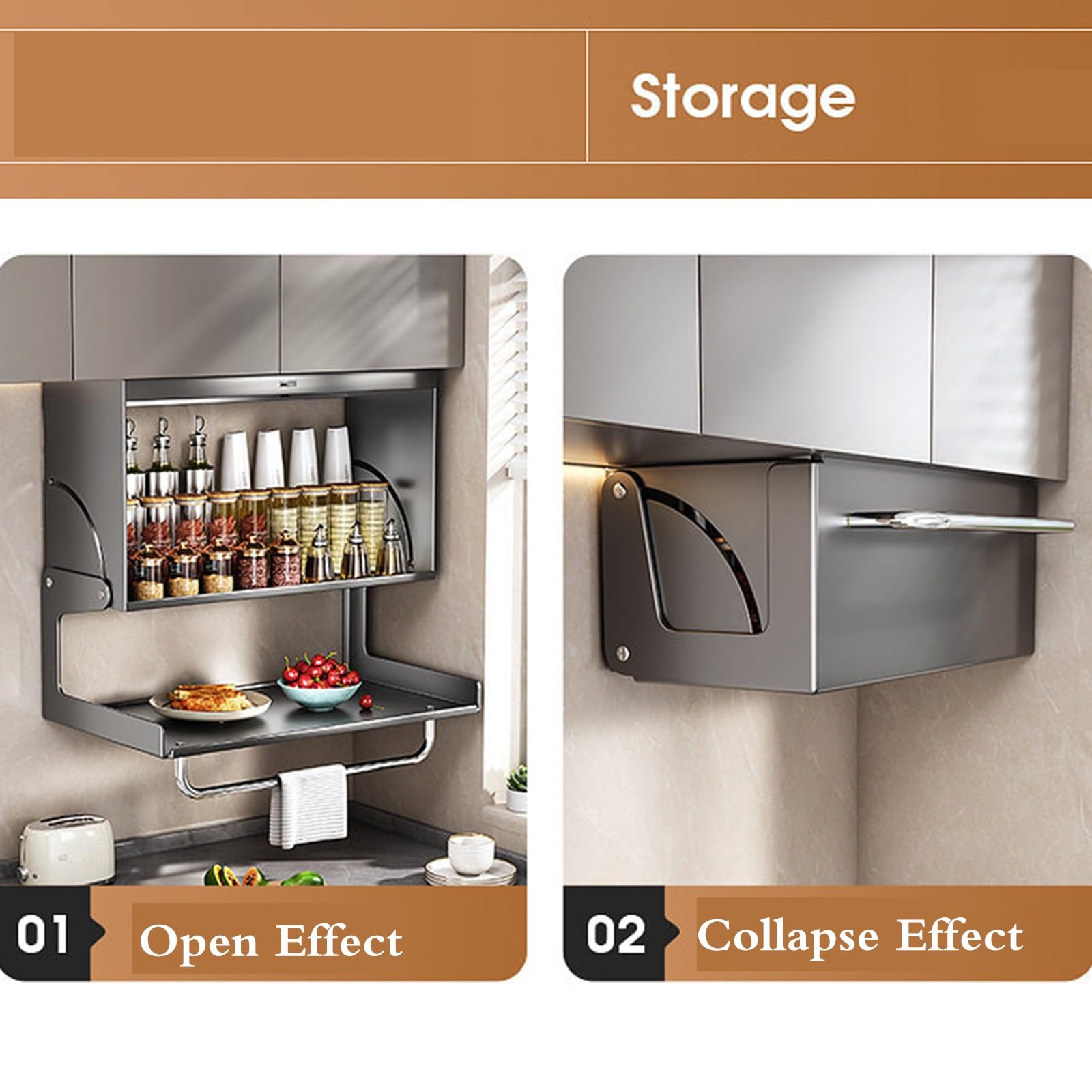 Mobiletto Contenitore Multifunzionale da Parete per Cucina e Bagno, in Acciaio al Carbonio, con Porta spezie e sportello Ribaltabile per la Preparazione di cibi, condimenti e Artic