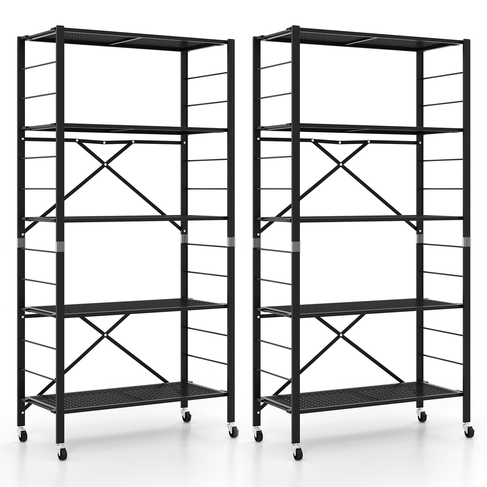 GOFLAME 5-Tier Folding Storage Shelves Set of 2, Adjustable Shelves with Wheels, Detachable Shelving Unit, Large Capacity, Storage Rack for Garage,