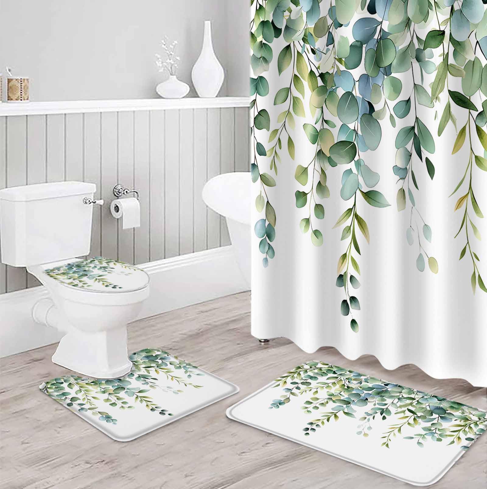 Eucalyptus Green Bathroom Set with Shower Curtain and Rug Accessories - 36x72 Inches Long Gradient Leaves Retro Watercolor Plant Stall Curtain Waterproof with Large Bath Mat,Washable Runner Rug Set