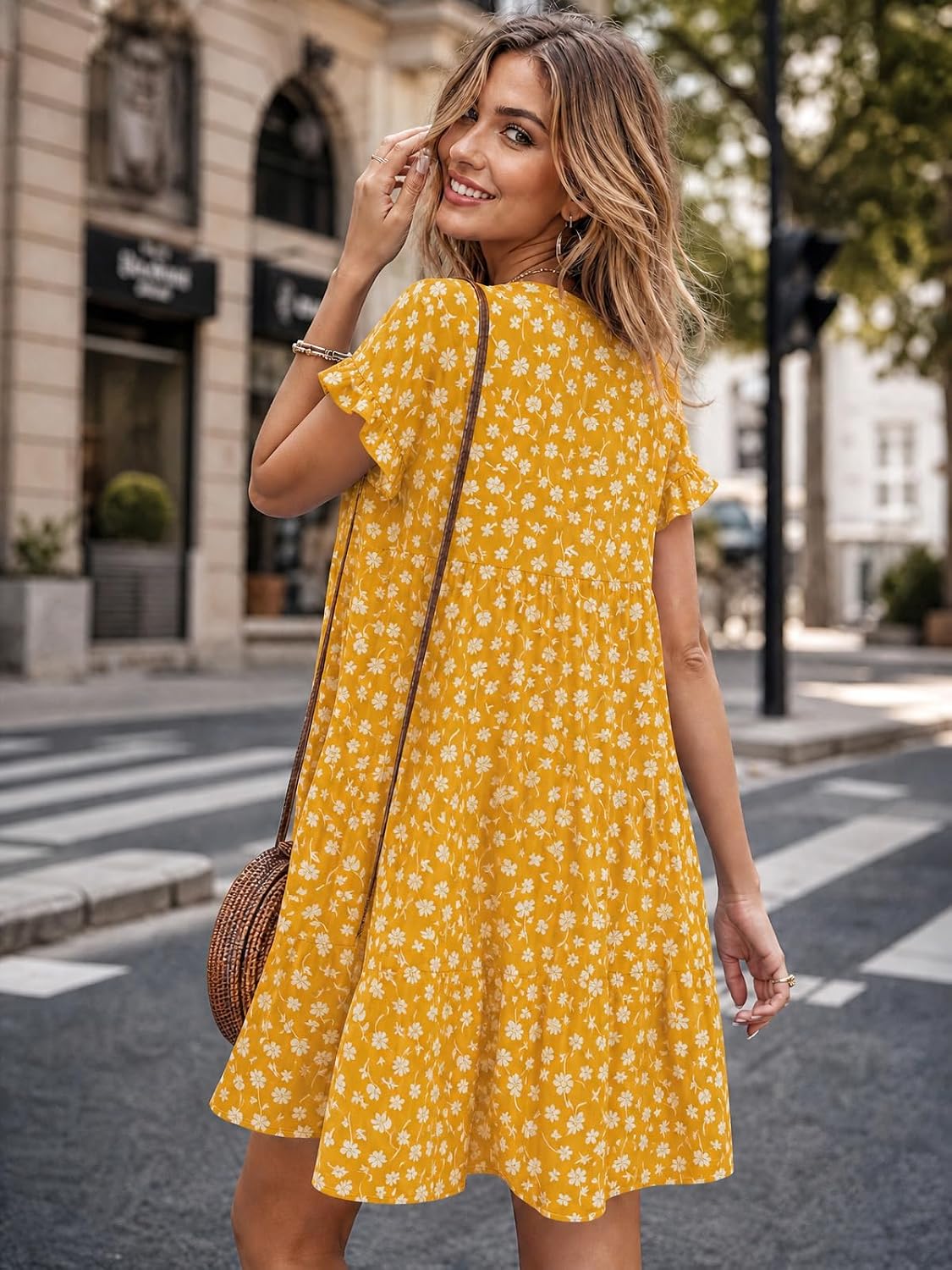 Imysty Womens Boho Babydoll Dress Ruffle Sleeve Summer Pleated Mini Dress image 4