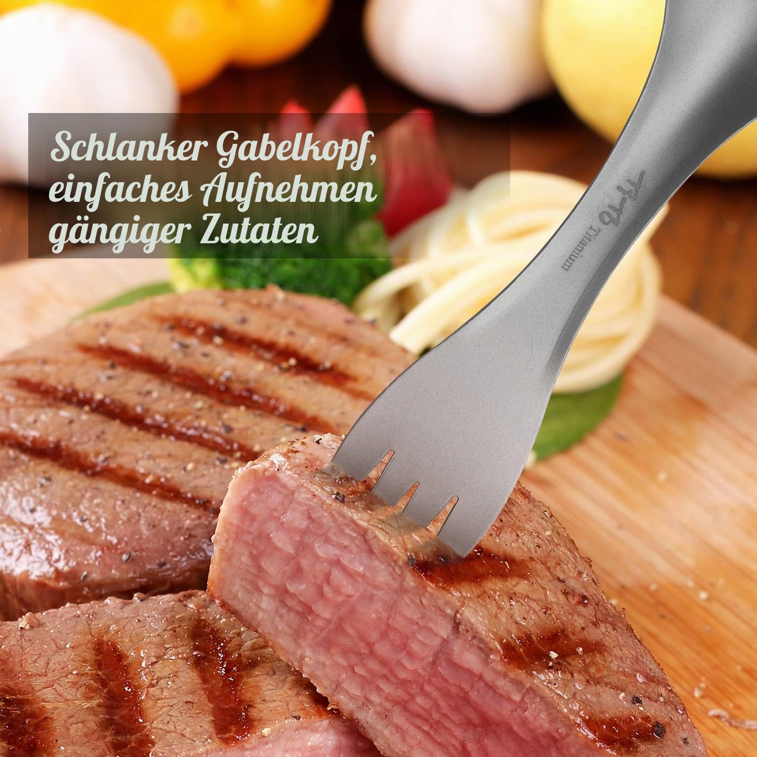 TiTo Titanium Outdoor 2-in-1 Titan Löffel/Spork mit Griff,Multifunktional Tragbare Ultraleichtem Besteck Camping Rucksackreisen mit Aufbewahrungstasche für Trekking (Sandsprühen)