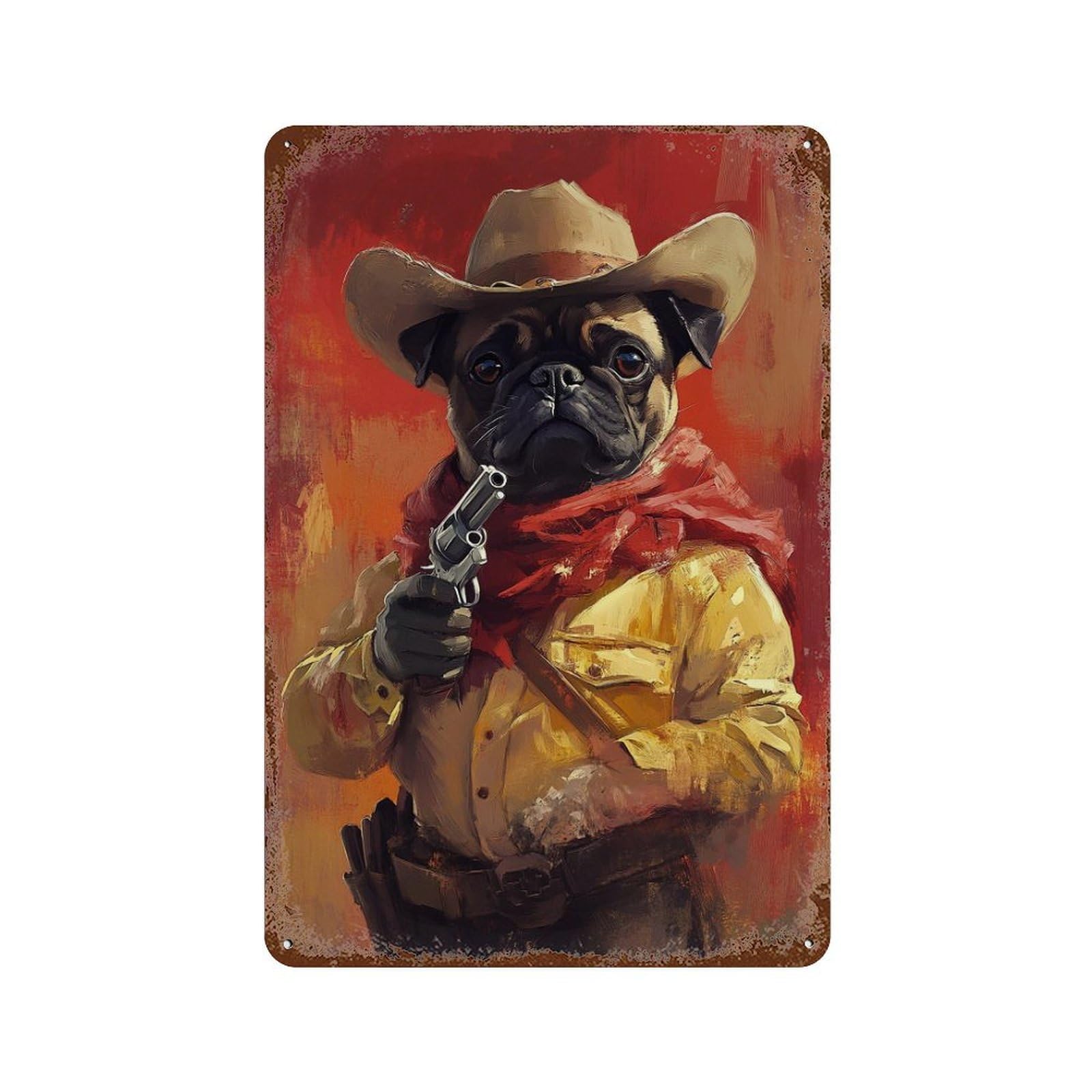 Rusty Metal Tin Sign Western Pug Cowboy Art Print-5 11.8"x7.9", Vintage Wall Decor for Shed, Workshop And Garage Wall Decor