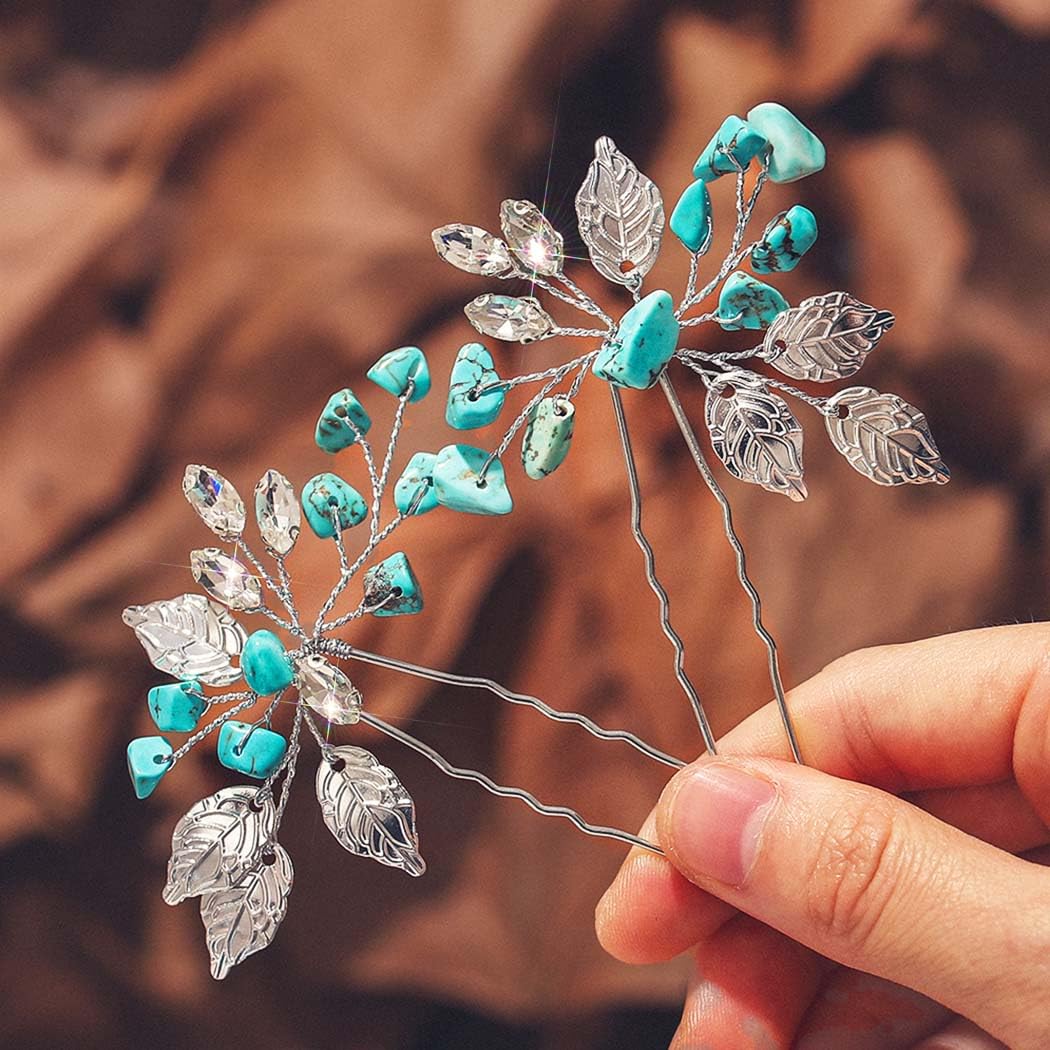 JEAIRTS Bridal Turquoise Hair Pins Silver Western Wedding Hair Accessories