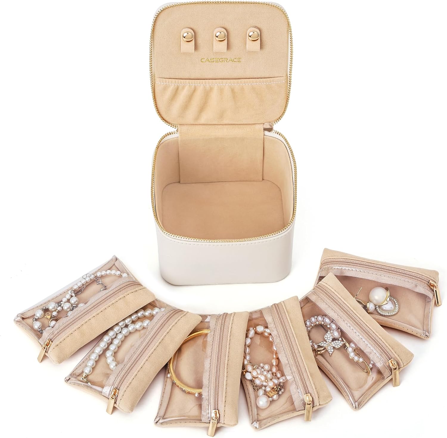 CASEGRACE Travel Jewelry Case, Jewelry Organizer with 6 Velvet Pouch Bags, Travel Jewelry Storage for Necklaces Rings Earrings, Gift for Women Girls, Beige White