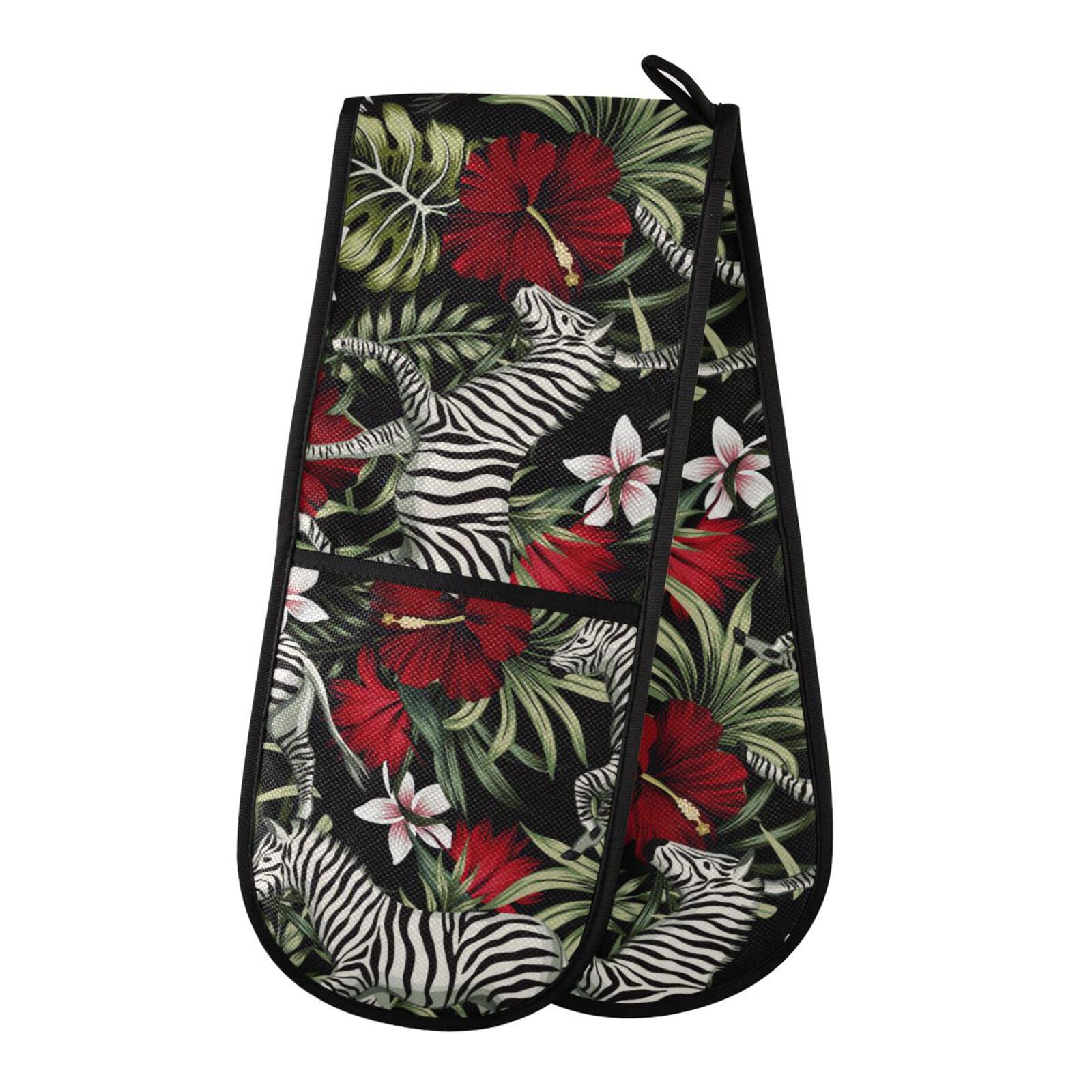Double Oven Glove Zebra Flower Heat Resistant Double Ovens Mitt Modern Cooking Gloves Potholders