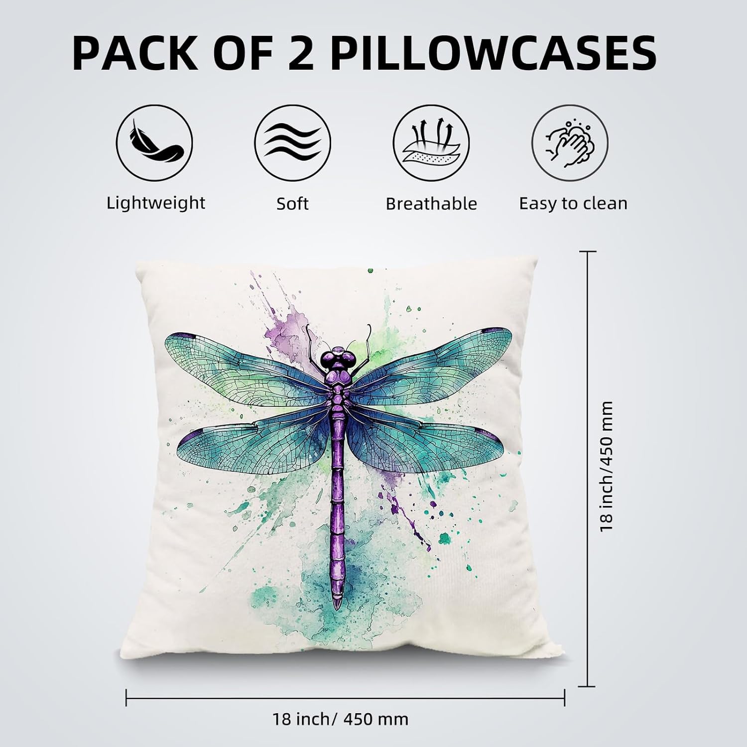 Set of 2 Throw Pillow Covers 18x18 Inch, Decorative Pillows Covers for Couch, Dragonfly Illustration Short Plush Pillow Case with Hidden Zipper Perfect for Sofa Living Room and Bed