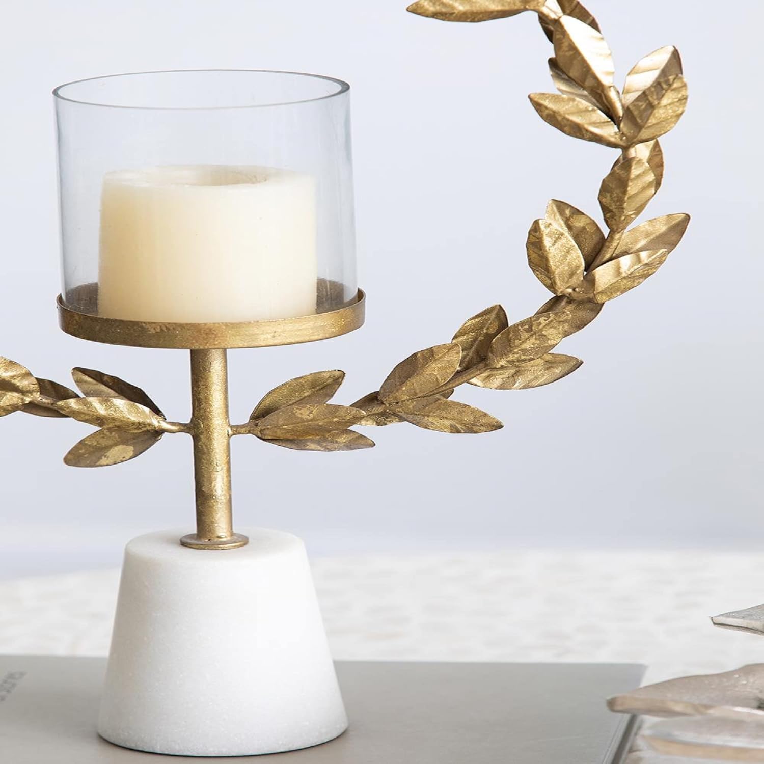 A & B Home 19.7 in H Gold and White Iron/Marble/Glass Floral Hurricane with Marble Base, Home Accent Décor
