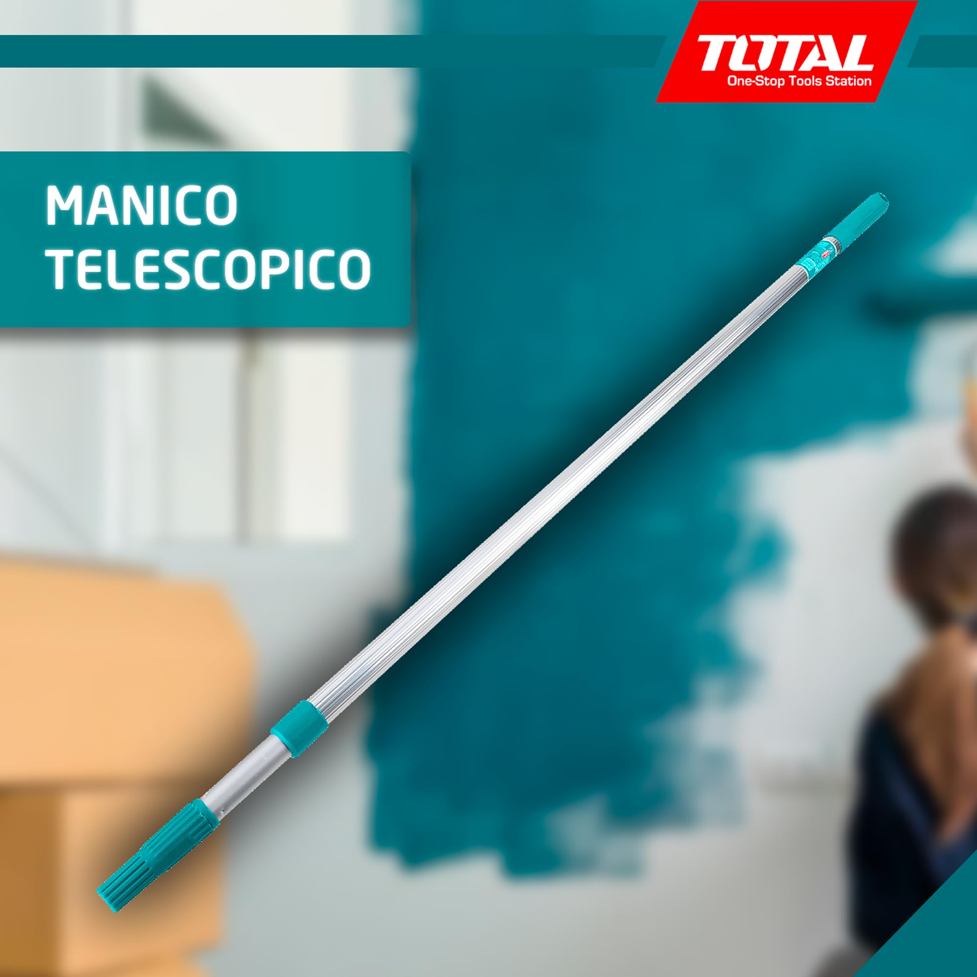 TOTAL - Manico Telescopico in Alluminio - Prolunga per Rullo da Pittura - Lunghezza Regolabile da 110 a 200 cm - 2 Sezioni con Filettatura - Resistente ed Ergonomico - Colore Blu - Rullo Non Incluso