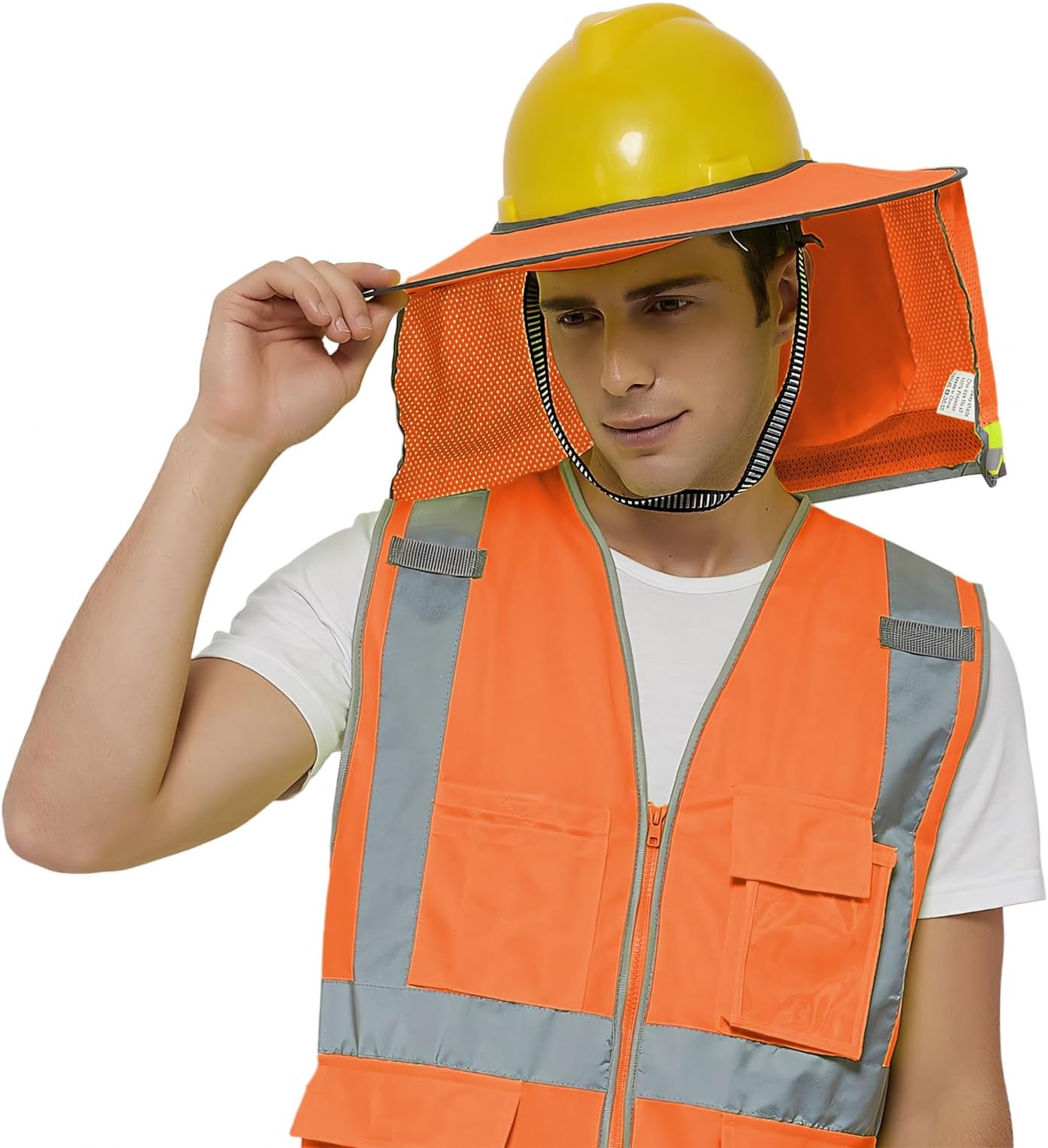 TOPTIE Hard Hat Sun Shield, Full Brim Mesh Neck Sun-Shade with Visor for Hardhats, High Visibility and Reflective