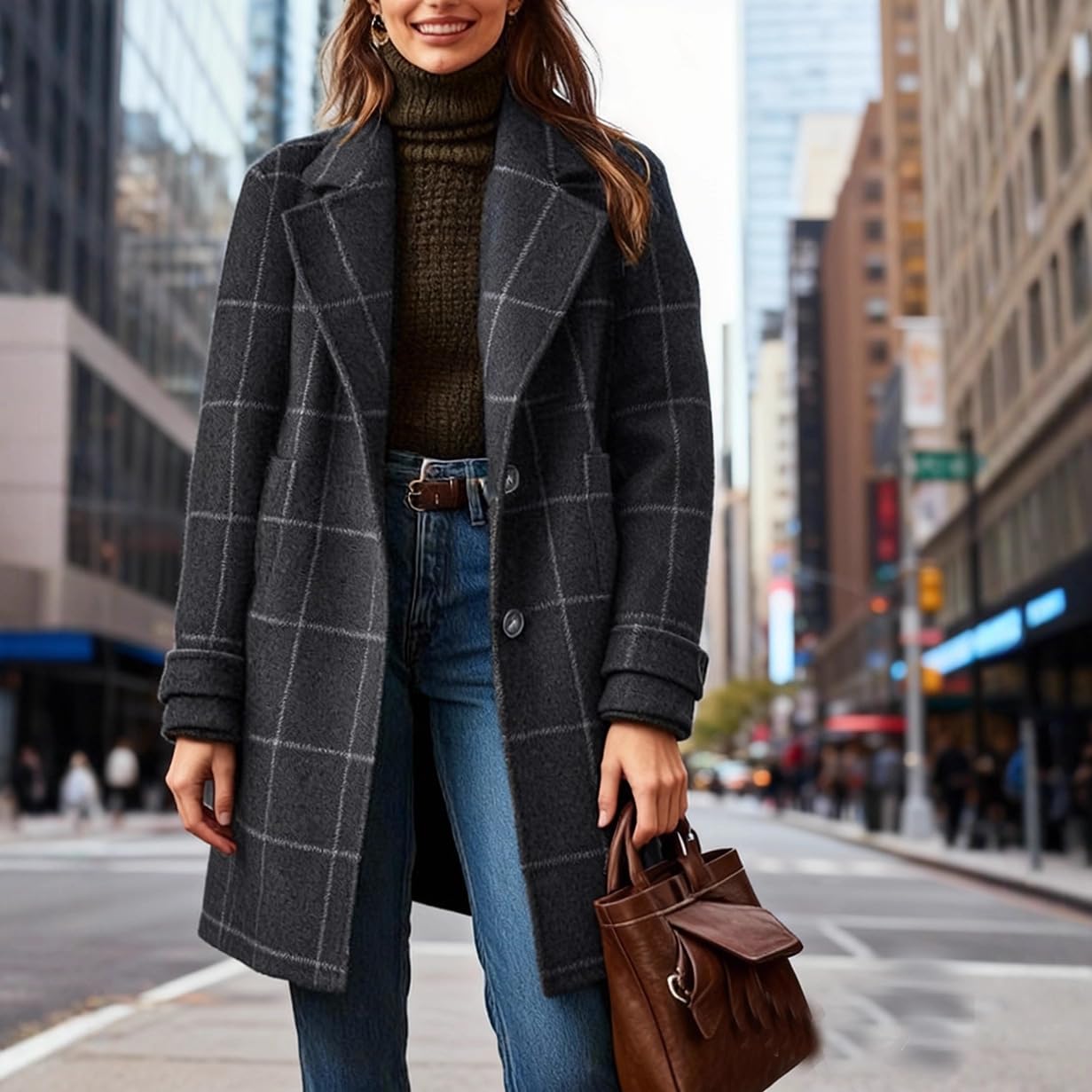 Manteau Laine Femme Manteaux Longs En Laine À Carreaux Pour Femmes Grandes Tailles Trench Coat Rétro À Revers À Carreaux Caban Tendance Veste En Tweed À Simple Boutonnage Vêtement D