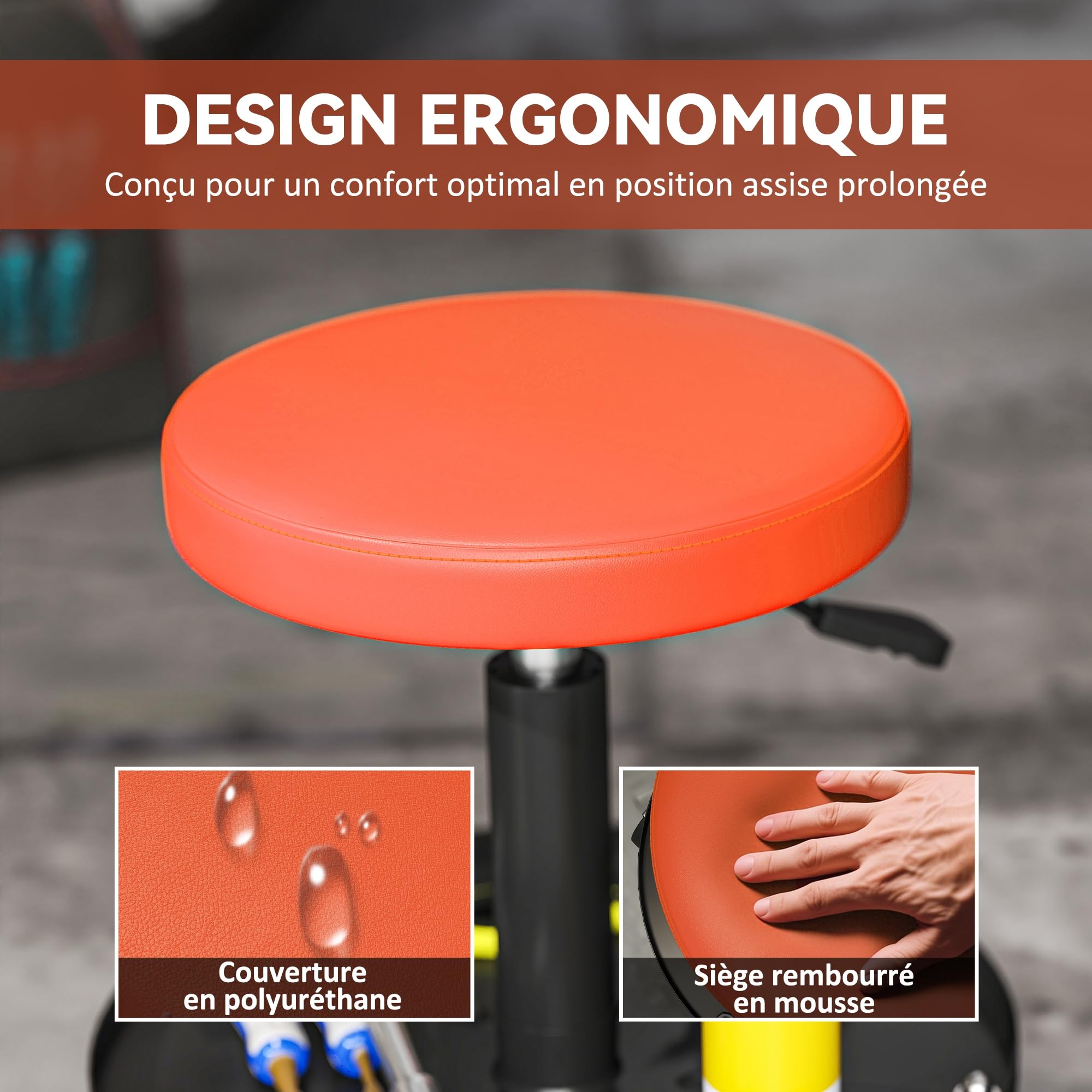 HOMCOM Tabouret d'atelier 5 roulettes 360° Hauteur Réglable 38-50 cm Orange | Tabouret de Mécanicien, Plateau à Outils, Siège d'Atelier pour Garage, Charge Maximale 135 kg