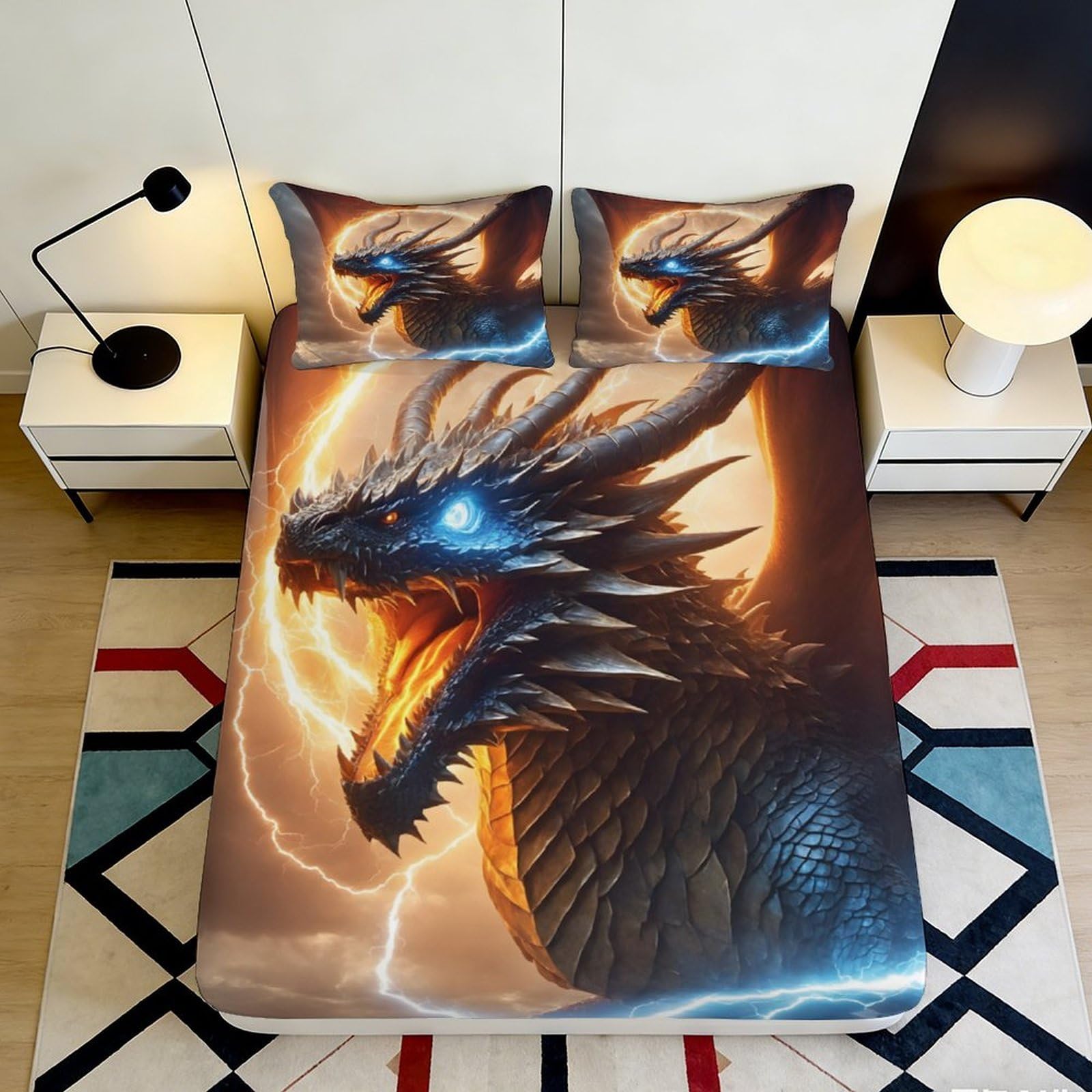 Pnayamiorkfel Style-10 3D Printed Black Thunder Dragon Fitted Sheet Microfiber Breathable Flame Dragon Mattress Cover Bedroom Decor 90X200x25cm