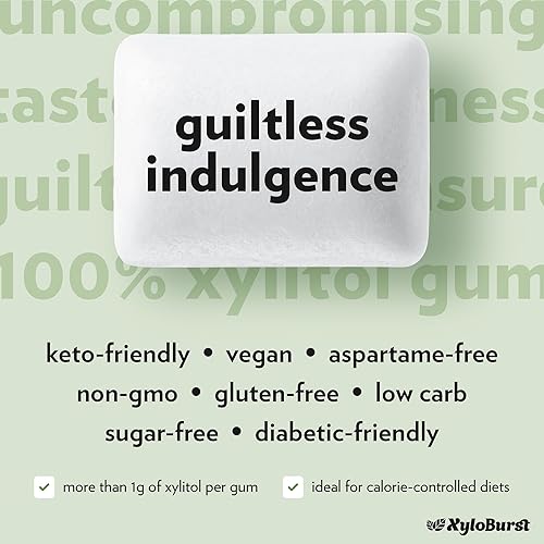 Miniatura 7 de XyloBurst Goma de mascar de xilitol, sin azúcar, sin gluten, apto para dieta cetogénica, sin aspartamo, para la salud bucal, té verde, 12 piezas,