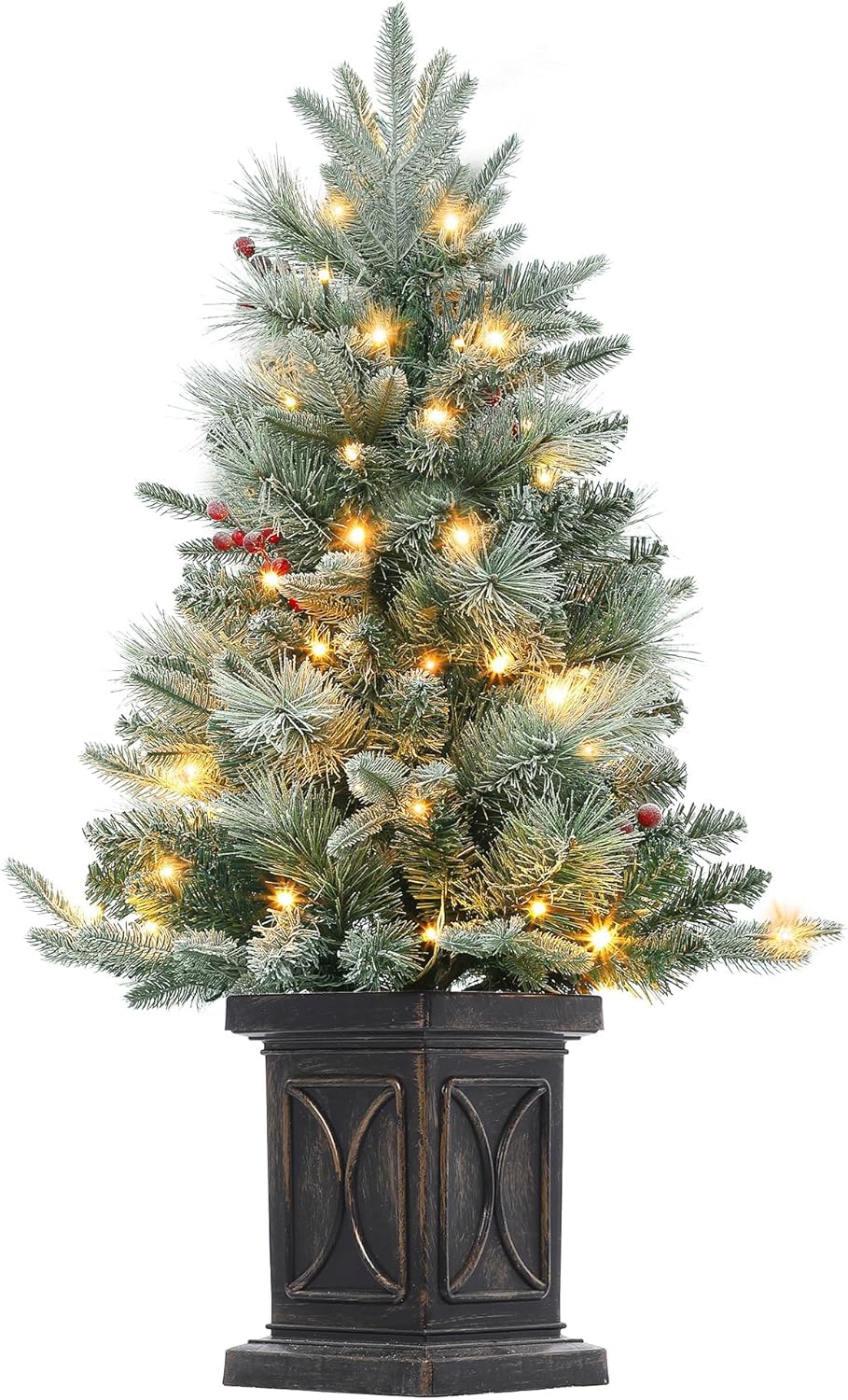 3ft Christmas Tree Pre-Lit Artificial Christmas Tree with Vintage Potted Base, Flocked Snow 78 Warm White LED Lights 8 Lighting Modes, Xmas Holiday Decor for Home, Entrances
