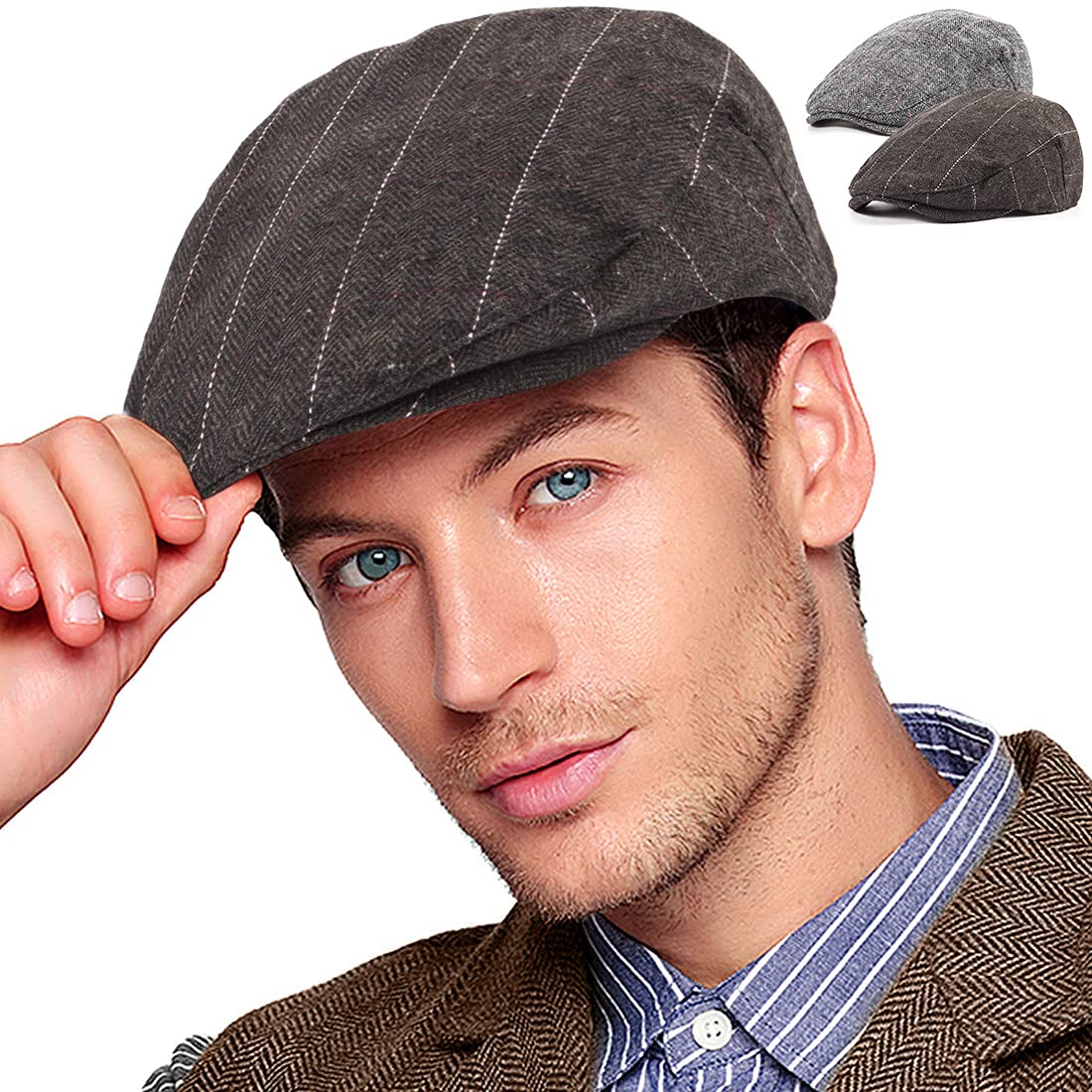 2-Pack Adjustable Newsboy Hats for Men Flat Cap Irish Wool Blend Tweed