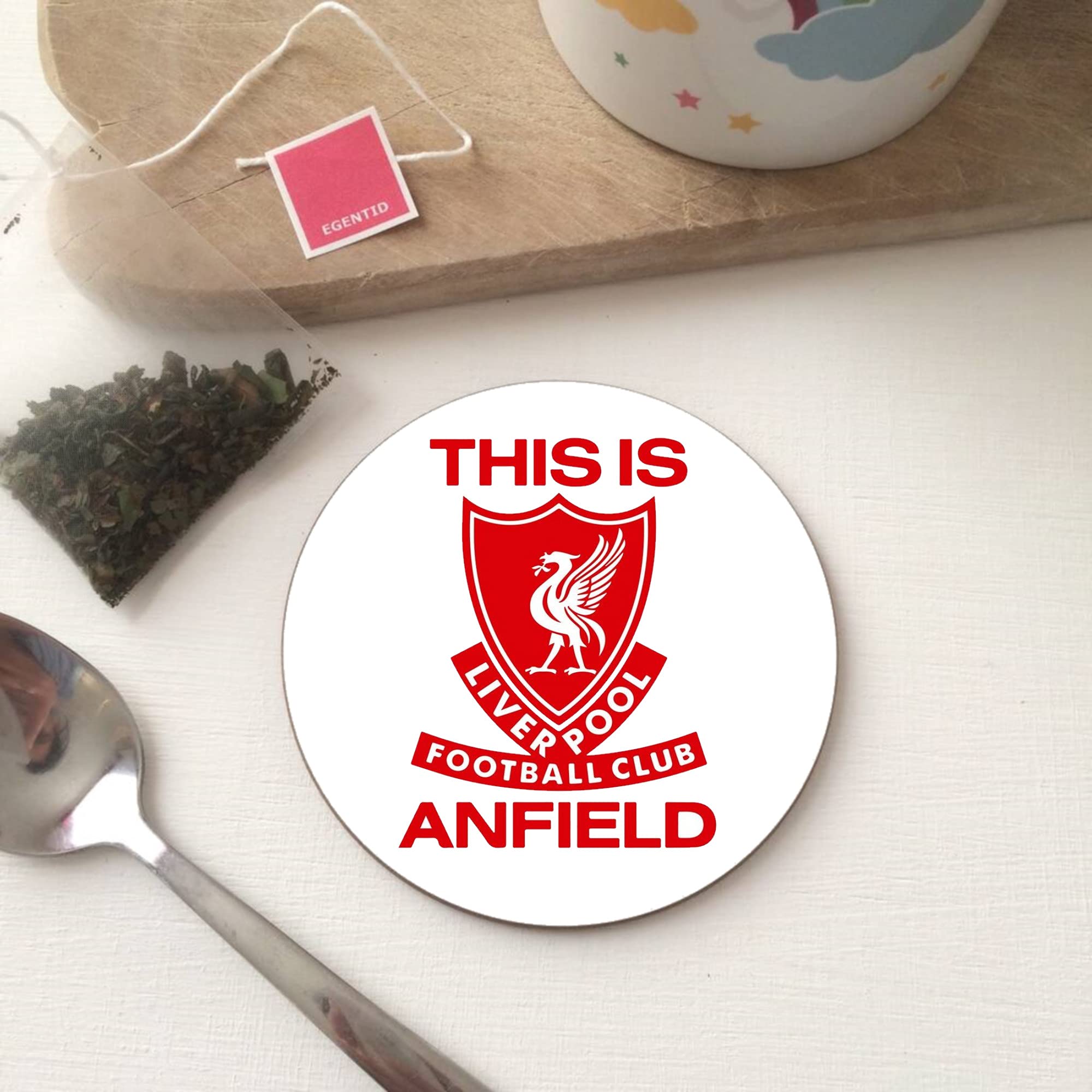 BigBazza Round Circle Wood Gift Coaster Coffee Tea Office Kitchen Novelty Cup Work Mug - This is Liverpool Sign Red Anfield Football inspired