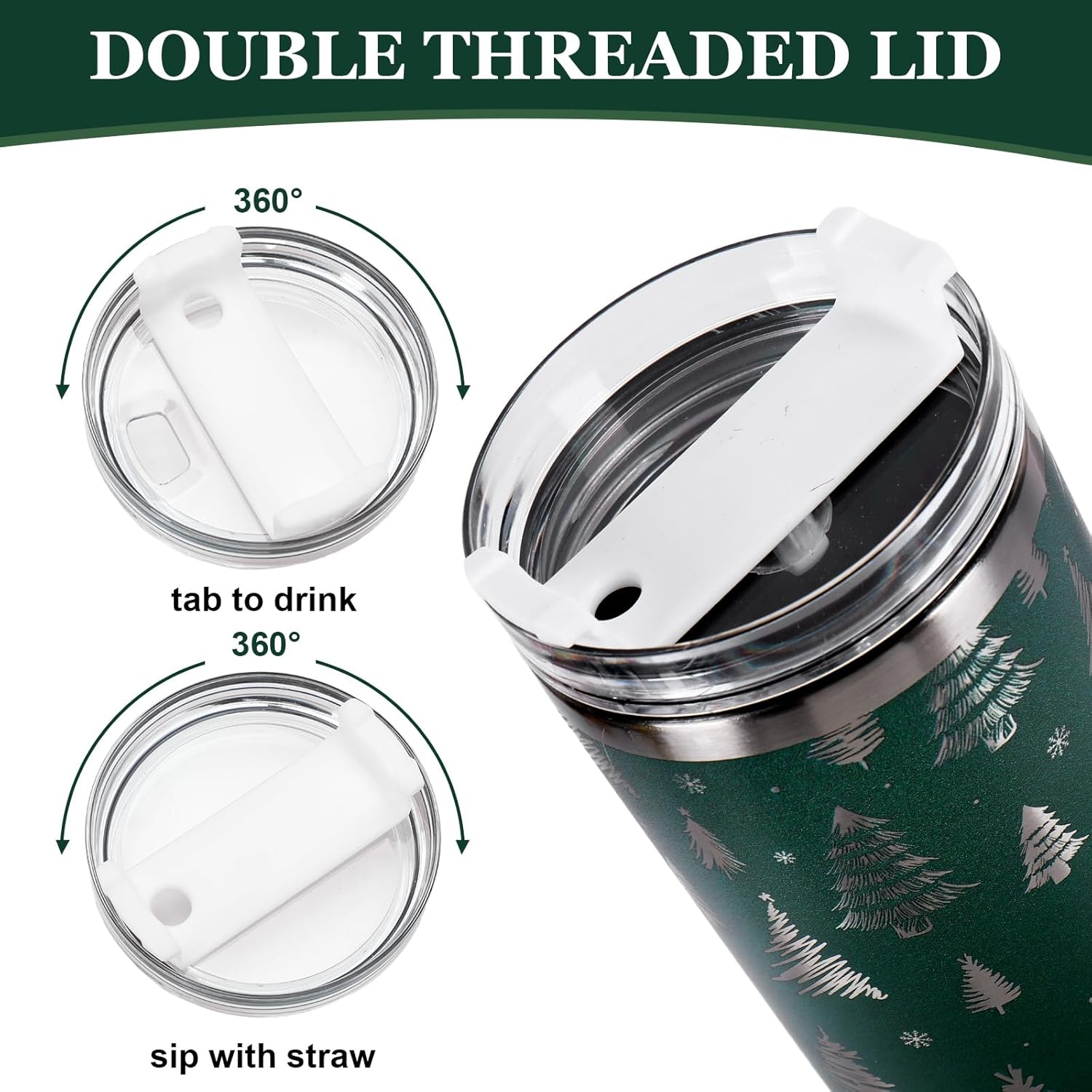 Whaline Winter Tumbler 40oz Green Christmas Tree Tumbler with Lid Straw Laser Engraved Stainless Steel Cup with Handle for Xmas Christmas Gift Home Office Travel - Image 3