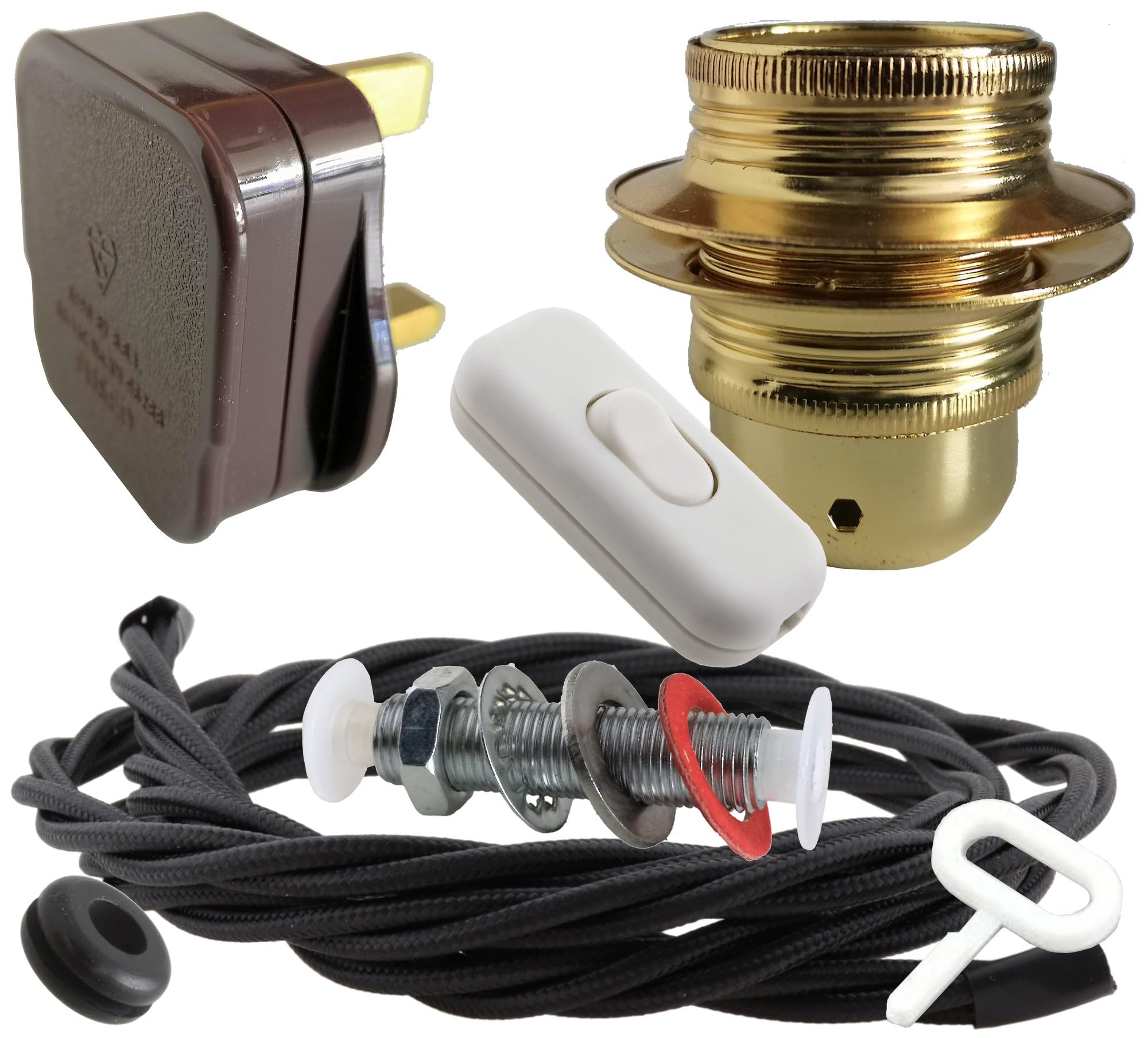 Art Deco Emporium Lamp Repair and Service Kit|Brown Plug|Black Flex|White Switch|E27 Brass Finish Lamp Holder Holder