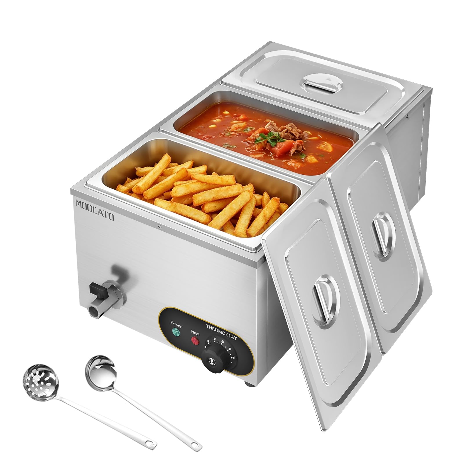Profesional Baño María Eléctrico 3 X GN 1/3, Calentador de Alimentos eléctrico, con Grifo y Tapa, Acero Inoxidable con 3 ollas de 1/3