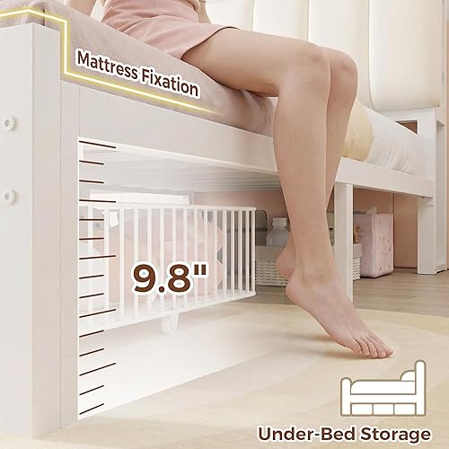 Miniatura 9 de Base de cama Queen con cabecera de almacenamiento, base de cama blanca tapizada tamaño Queen con cajones de almacenamiento y estación de carga, cama