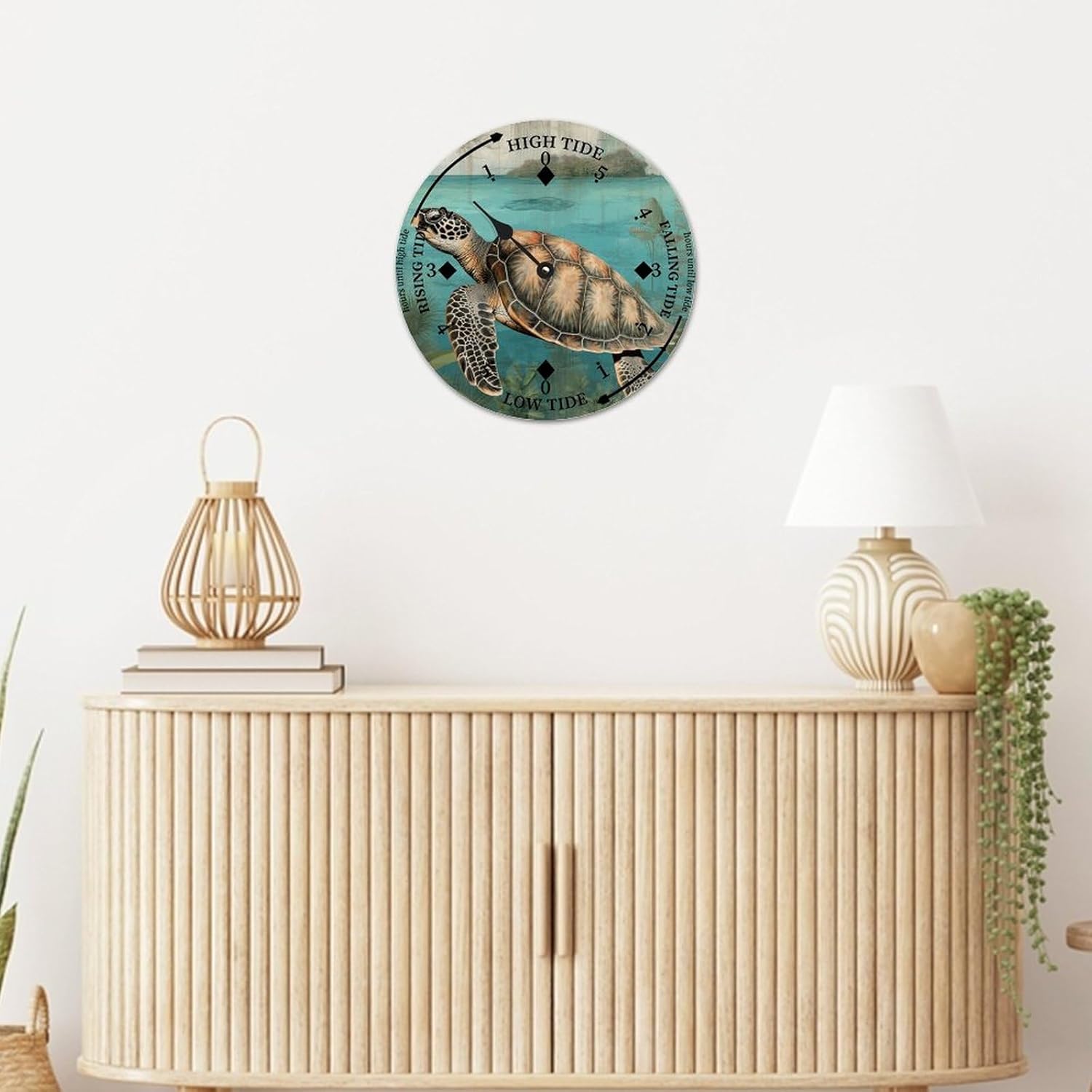 Vintage Beach Time Tide Clock - Sea Turtle Tidal Clock Moon Clock Silent Non-Ticking Battery Operated Wooden Wall Clock for Cottage Beach Boat Living Room Bedroom Home Decor 12x12 in