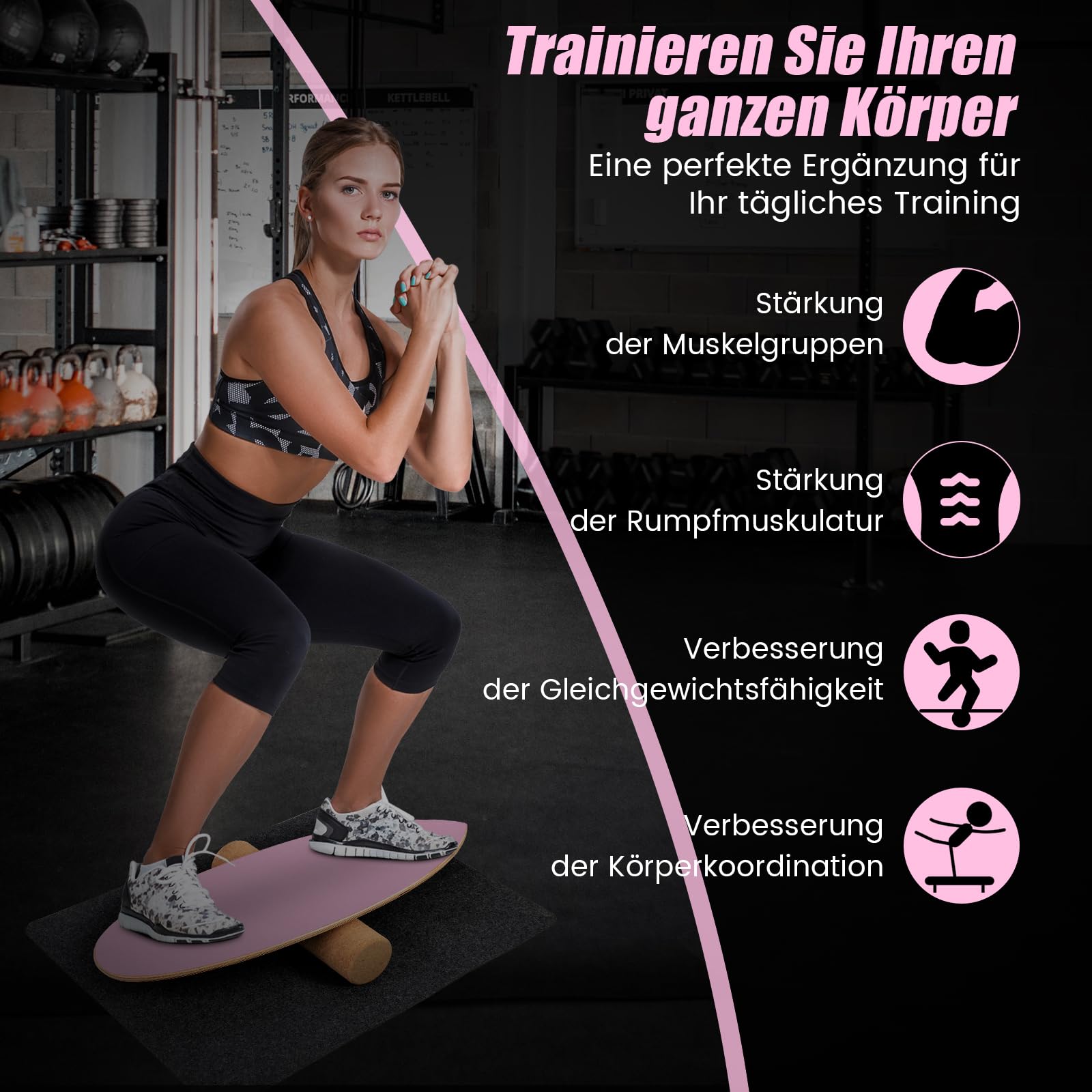 GOPLUS Balance Board Holz rutschfest, Indoor Surfboard Trickboard mit Rolle, Gleichgewichtsboard für Erwachsene, Balance Trainer Wackelbrett für Fitness Zuhause